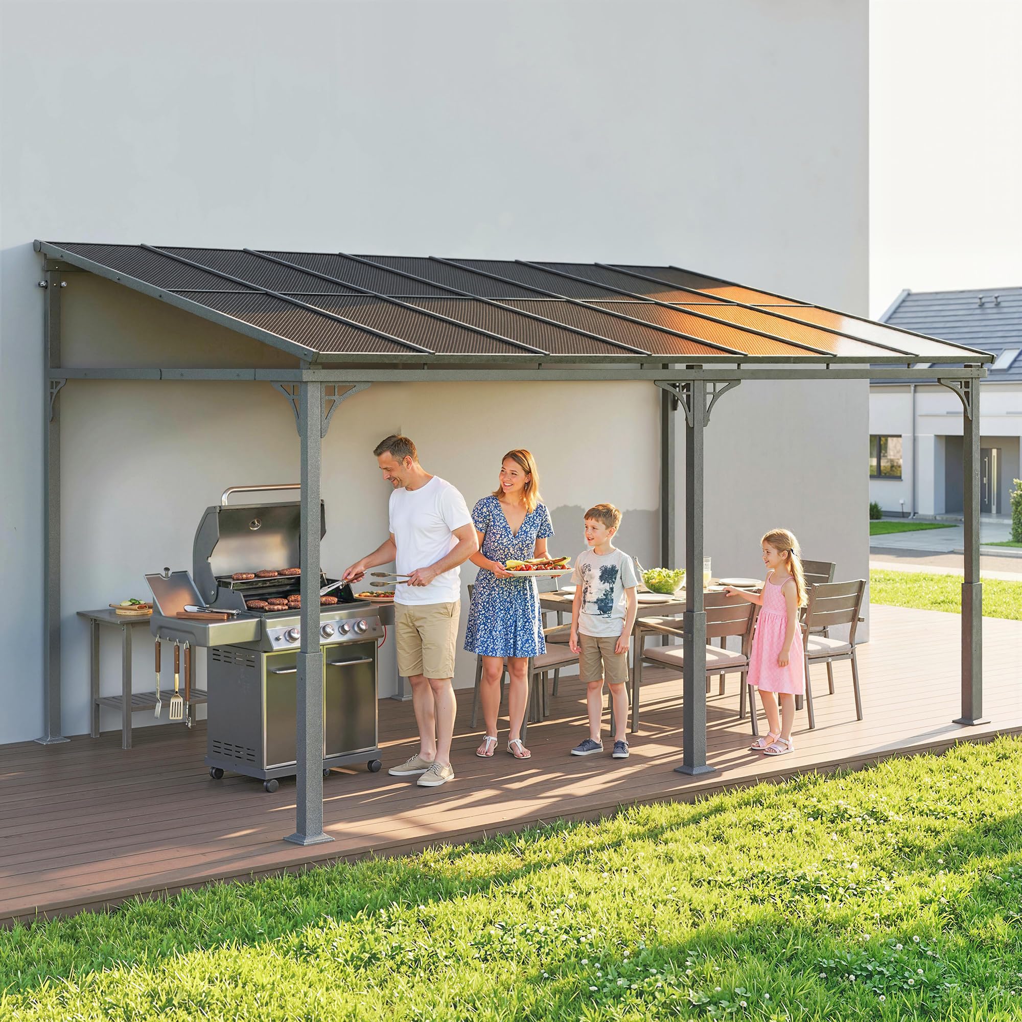 Outsunny Pergola ścienna 4 x 3 m Zadaszenie tarasowe z nachylonym dachem poliwęglanowym, metalowo-aluminiowa rama, przylegająca pergola na taras, ogród, brązowa