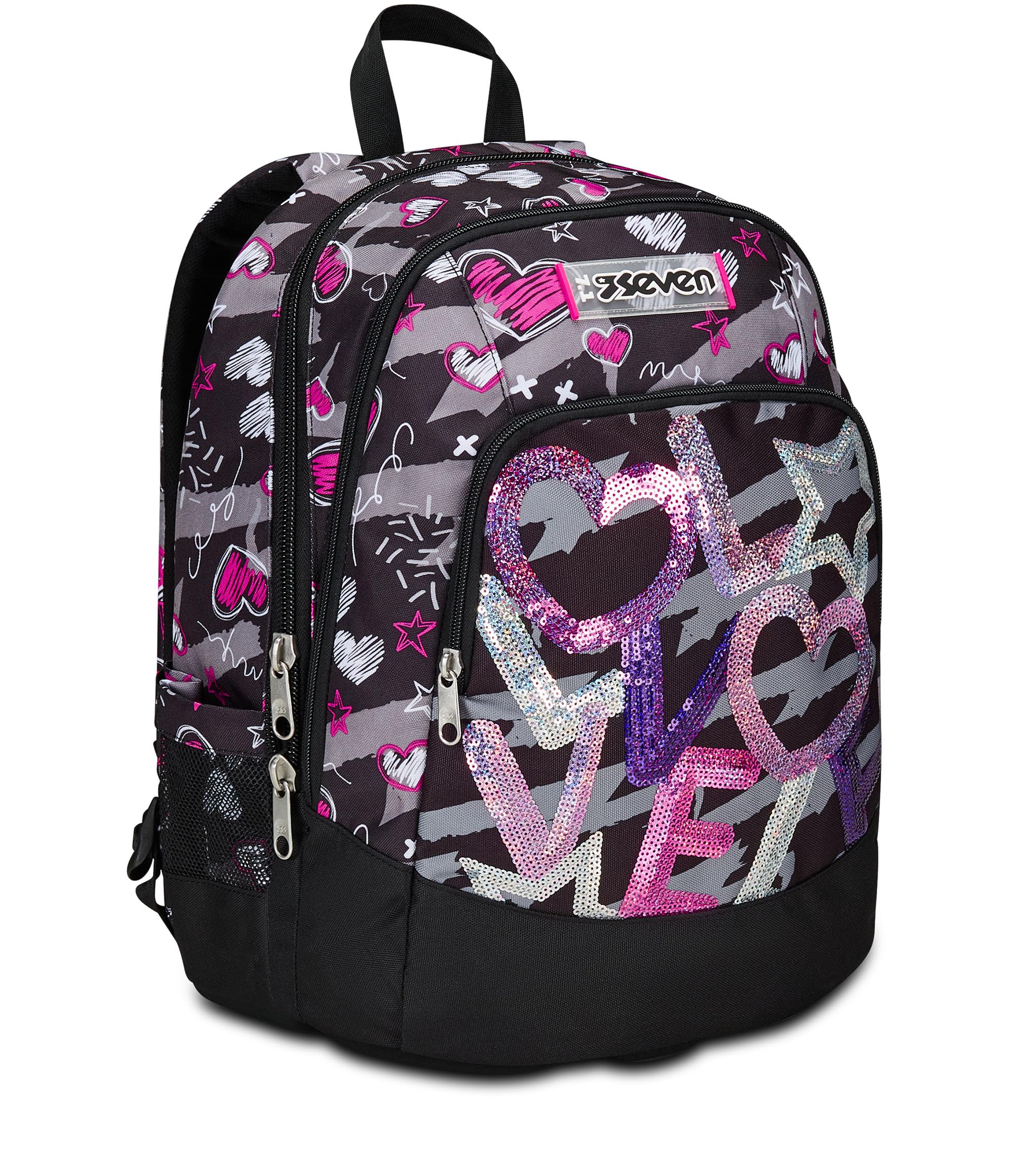 Seven Zaino Scuola Advanced, Nero Fucsia, Draft Heart, Zaino Doppio Scomparto Con Tasca Porta PC o Tablet, Tasca Porta Borraccia e Organizer, Zaino Scuole Medie e Superiori, Bambina Ragazza