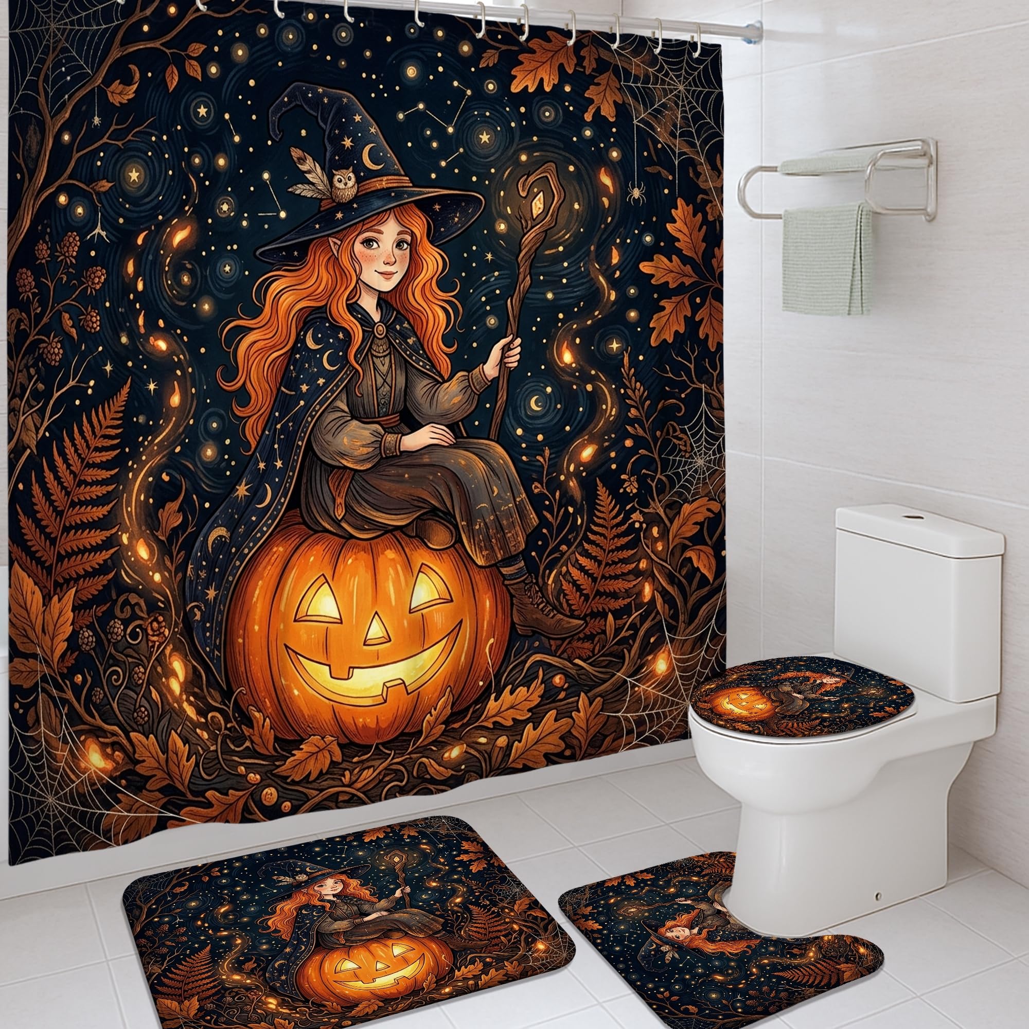 Rideau de douche imperméable sorcière et citrouilles anti-éclaboussures 183 cm