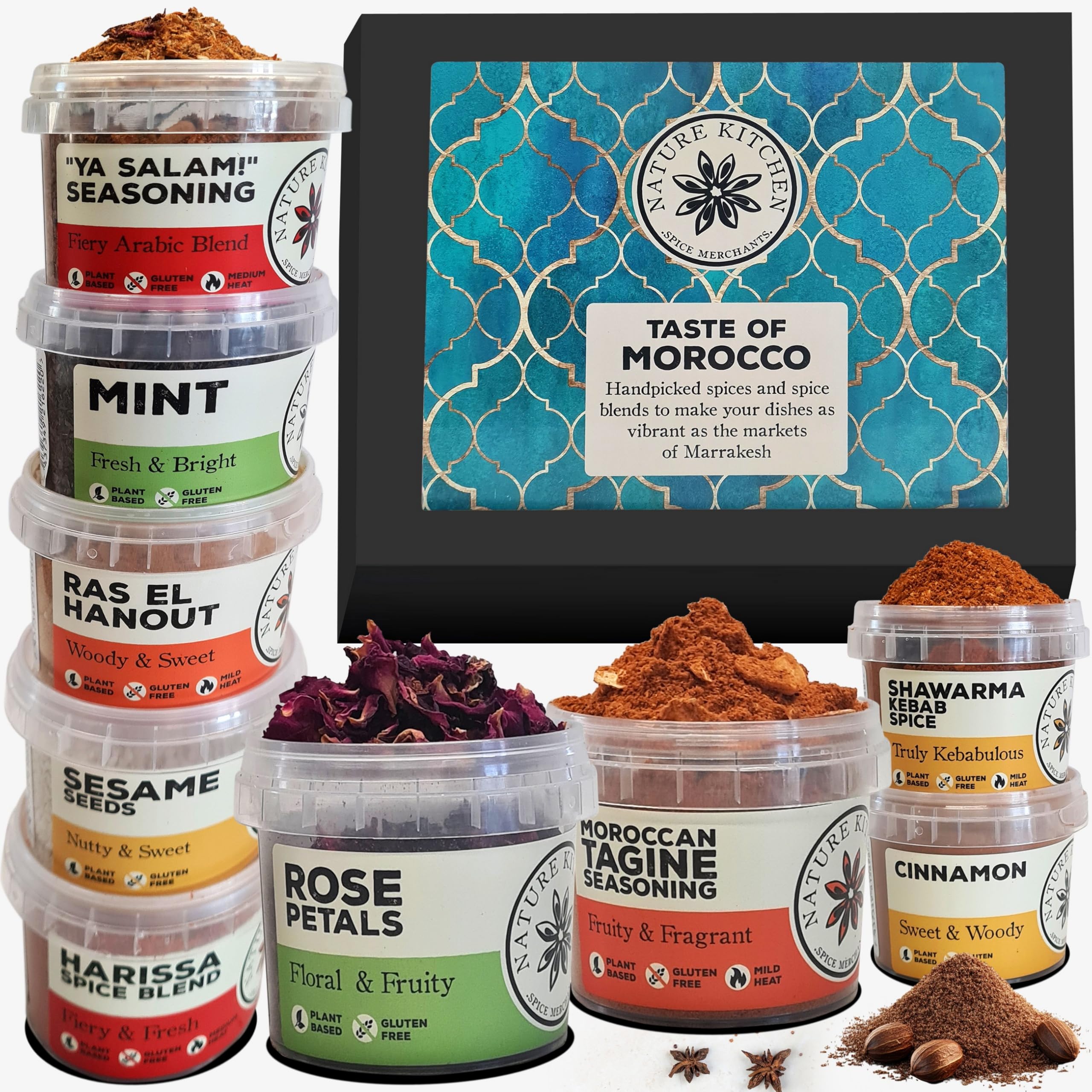 Nature Kitchen Moroccan Gourmet Spice Seasoning Selection Mix Gift Set. 9X Gluten-Free Herbs and Spices for Cooking Recipes, Curry, Roasting, Marinades. Including Harissa, Sharwarma, Tagine, Mint