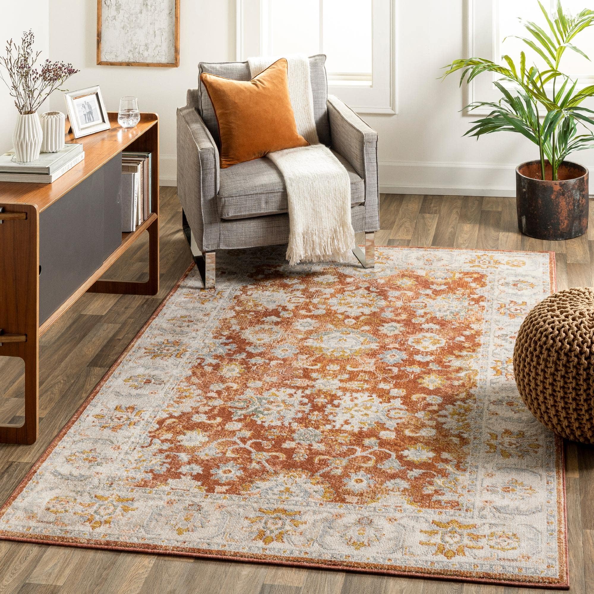 Mark&Day Area Rugs, 5x7 Louroukina Traditional Burnt Orange Area Rug, Orange Ivory Blue Carpet for Living Room, Bedroom or Kitchen (5'3" x 7')