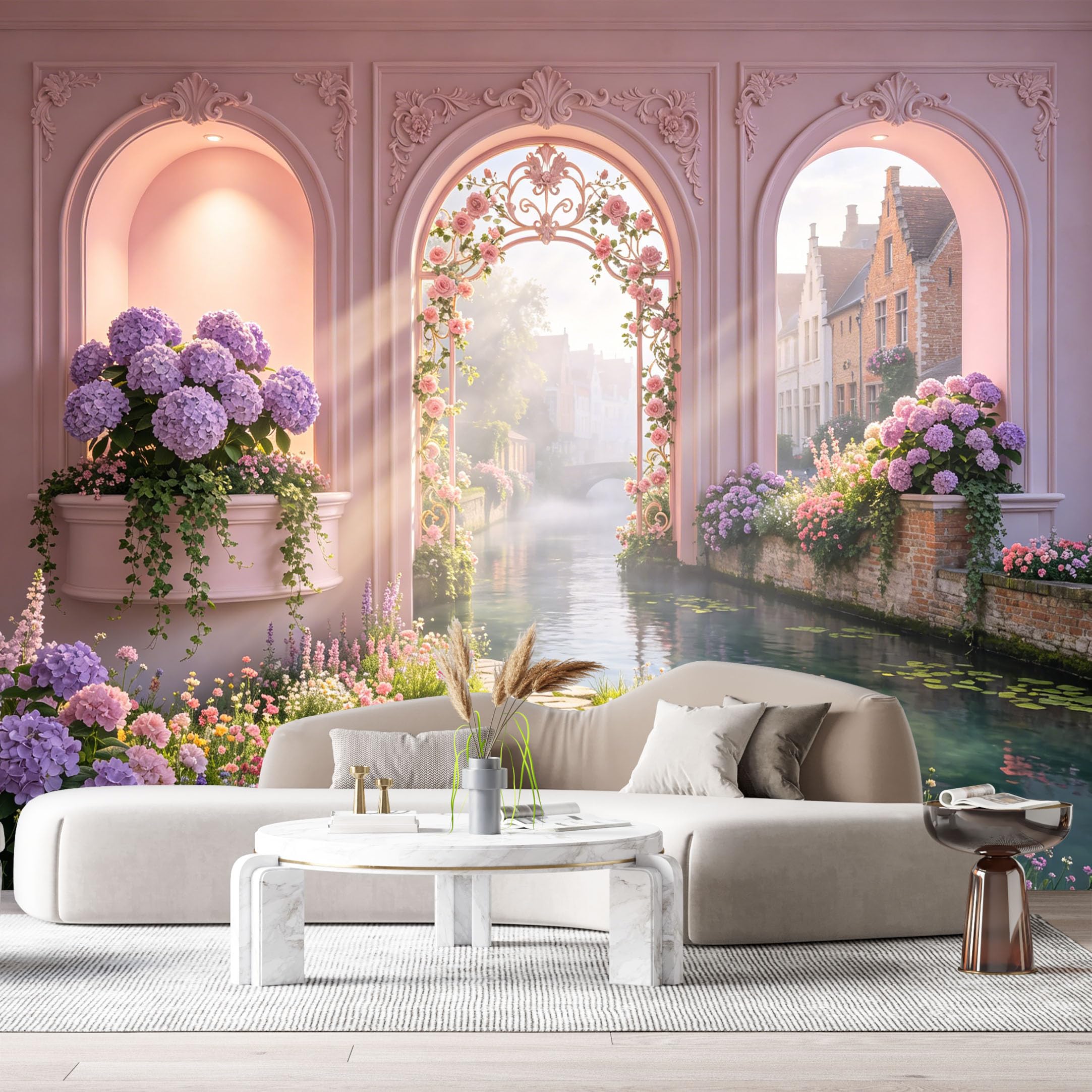 Custom Size Wall Murals Pink Archway Floral Garden Canal Landscape 3D Trompe L'Oeil SelfAdhesive Wall Fabric Removable Large Wallpaper for Photo Living Room Decoration
