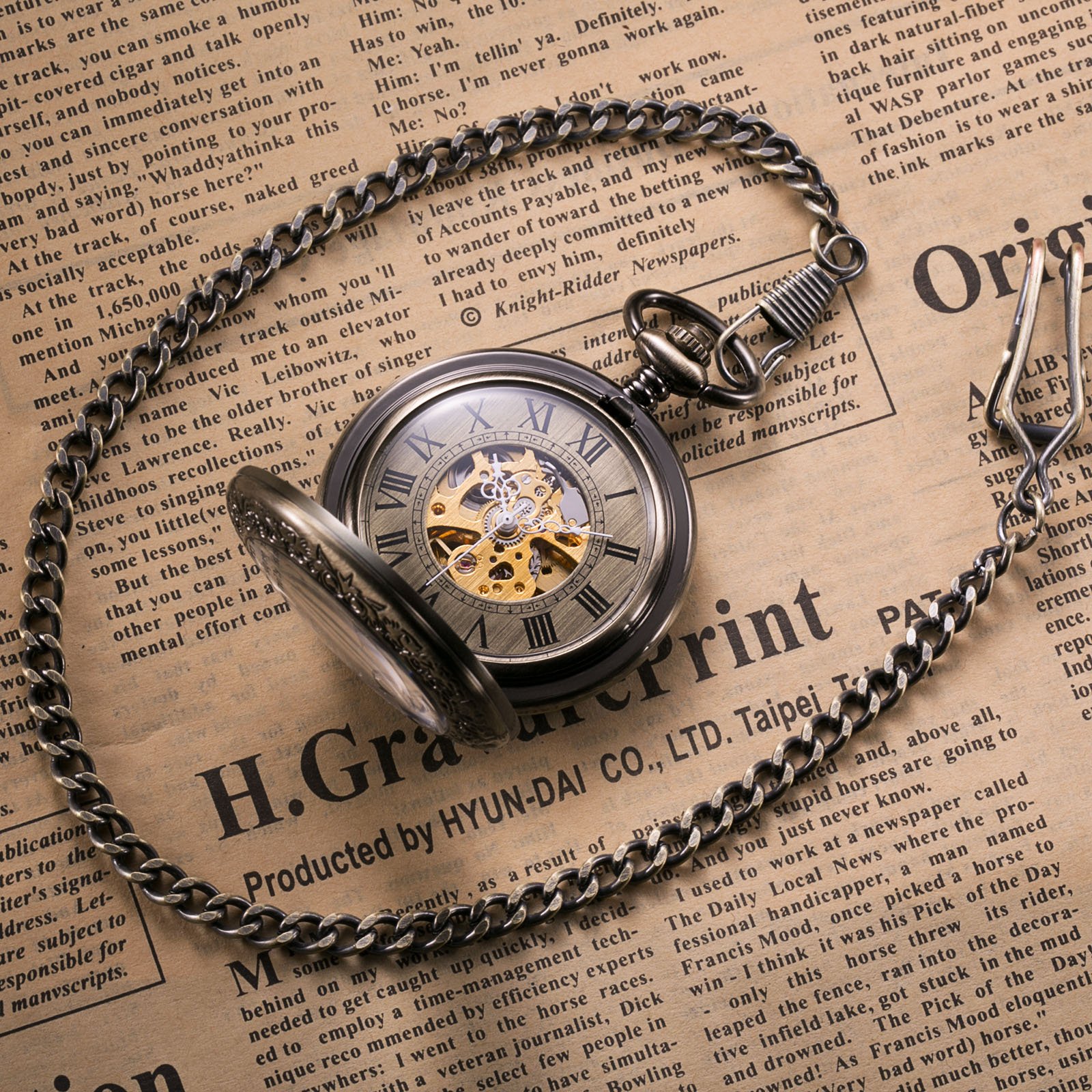 TREEWETO Unisex Taschenuhr mit Kette Analog Handaufzug Antik Skelett Lupe Bronze