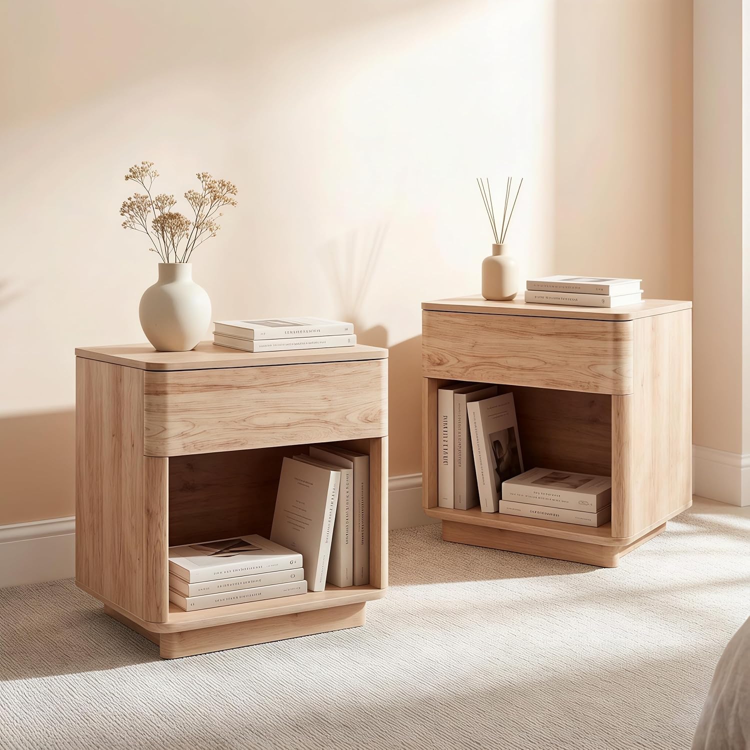 ACCOHOHO Modern Nightstand Set of 2 with Charging Station, 22" Wide Wood Side Table with Large Drawer & Open Storage, End Table for Bedroom, Living Room, Curved Profile Design, Natural Oak