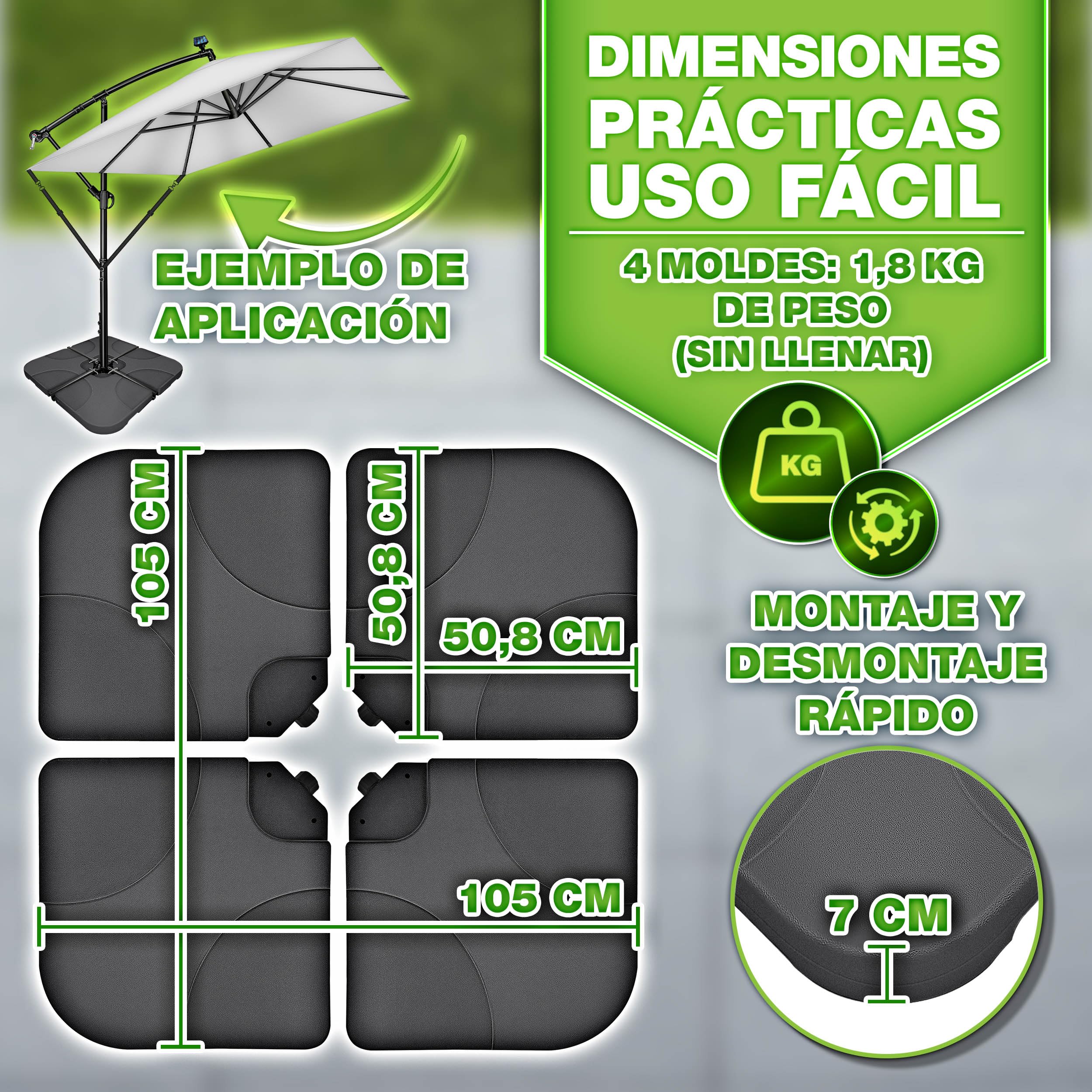 tillvex Soporte para sombrilla de 60 litros / 80 kg – 4 piezas para sombrilla de poste, incluye conectores metálicos | Peso de la sombrilla rellenable con agua o arena | Soporte para sombrilla de
