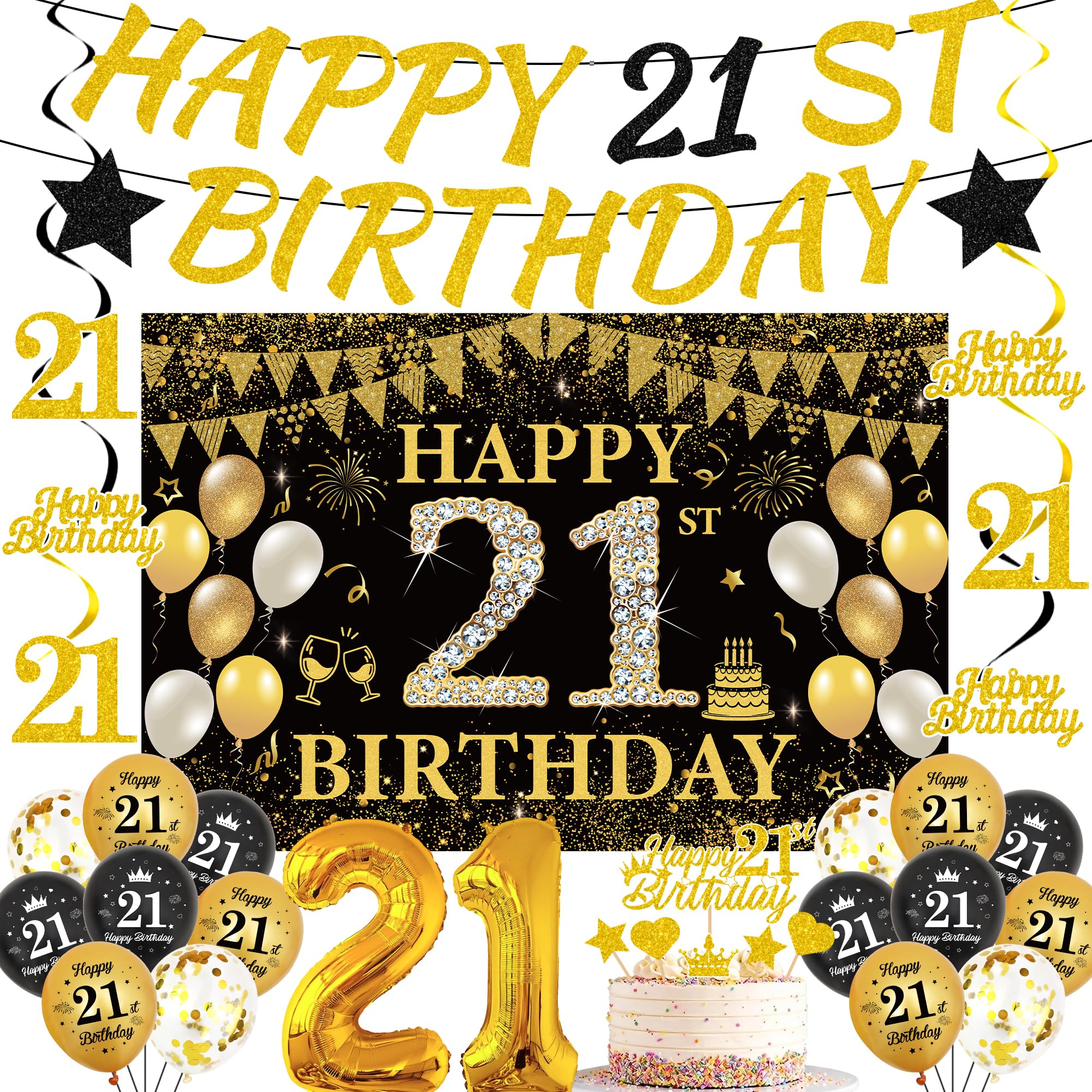 21st Birthday Decorations Banner Balloons - 32 Pcs Black Gold Happy 21 bday Banner Number 21 Foil Balloon Hanging Swirls Cake Topper for Him Her boys girls Twenty one Years Old Party Decor Supplies