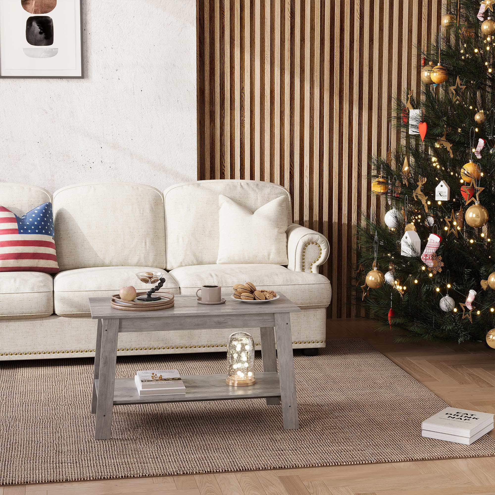Mesa de Centro de Madera Gris con Estante Inferior, para salón y Dormitorio, Diseño rústico 80×39×48 cm