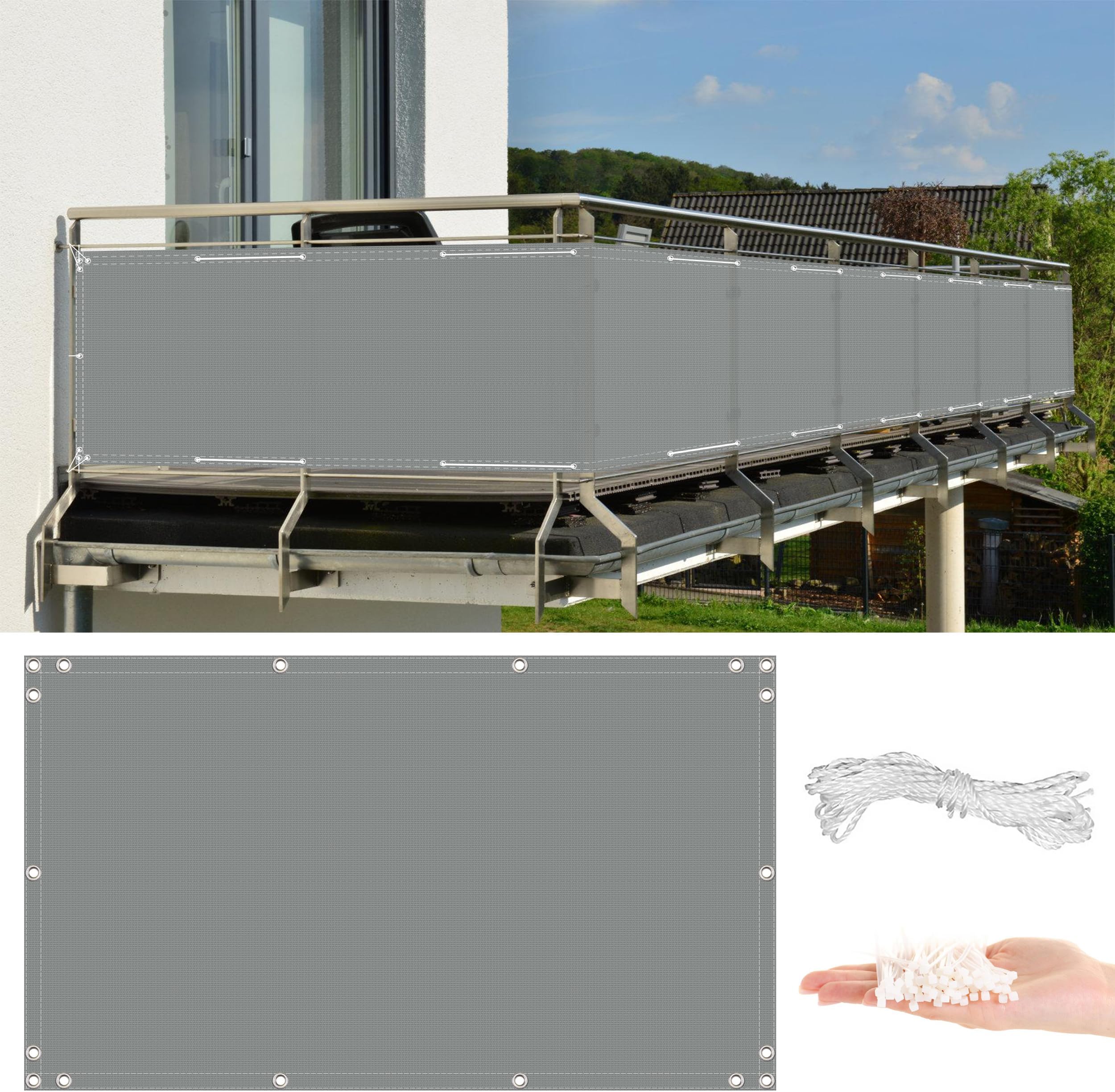 AYLFBFUGrey Balcony Privacy Screen 100x650cm, Balcony Shield Cover UV Protection Windscreen Weatherproof (in Various Sizes & Colours) Shield Mesh for Balcony, Patio Fence
