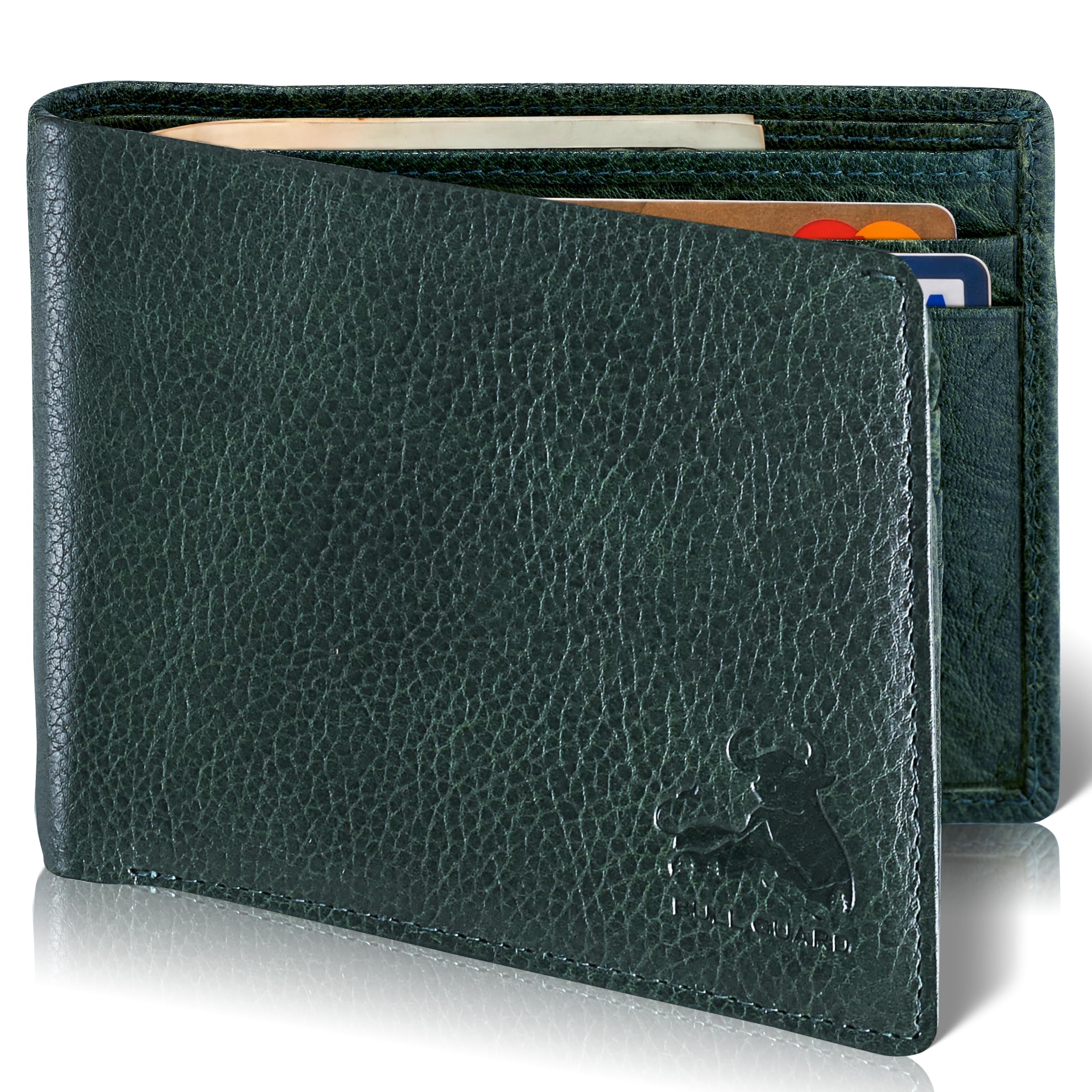 VCCUIOB RFID Bifold Leather Wallet For Men with Flip Up ID in Vintage Buffalo Brown, Wild Buffalo Green, Modern