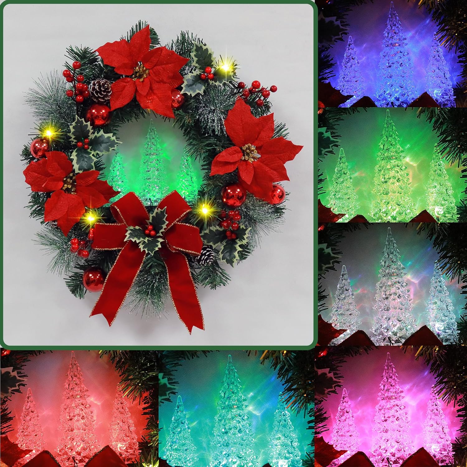 20" Lighted Christmas Wreath with Color-Changing LED Tree, Poinsettia Front Door Wreath for Indoor Outdoor Holiday Décor, 5 Light Modes