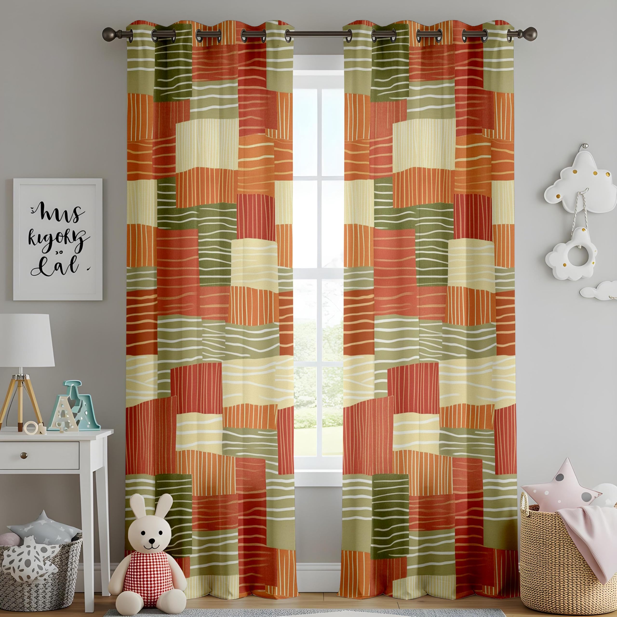 Rideaux occultants à Blocs de Couleur Vert Terracotta pour Chambre, Rideaux Patchwork Abstraits Style Milieu du siècle, Salon bohème rétro (L x H / 2 x 175 x 260 cm)