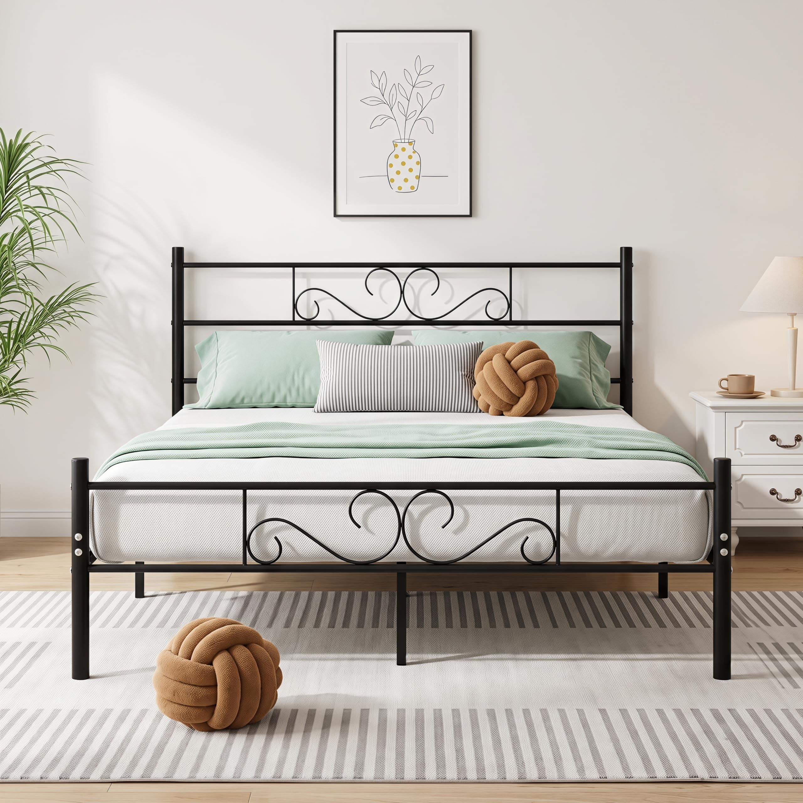Panana 4FT6 White Double Bed Frame Solid Metal with Strong Slats Bed Base with Headboard (Black, Style3)