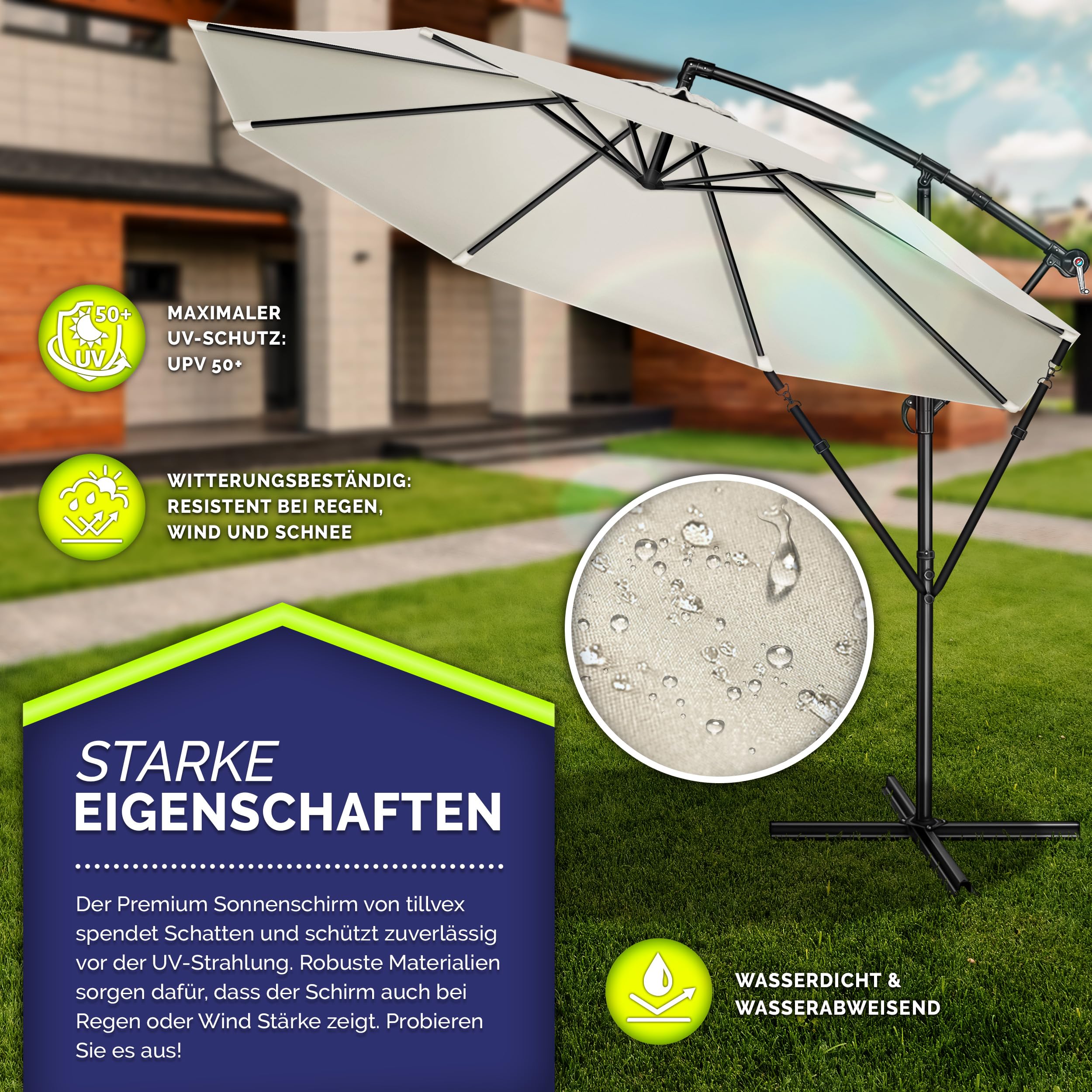 tillvex Alu Sonnenschirm + Abdeckung Ø 300 cm mit Kurbel | Ampelschirm mit Ständer & Windschutz | Gartenschirm UV-Schutz Aluminium | Kurbelschirm wasserdicht 360° drehbar