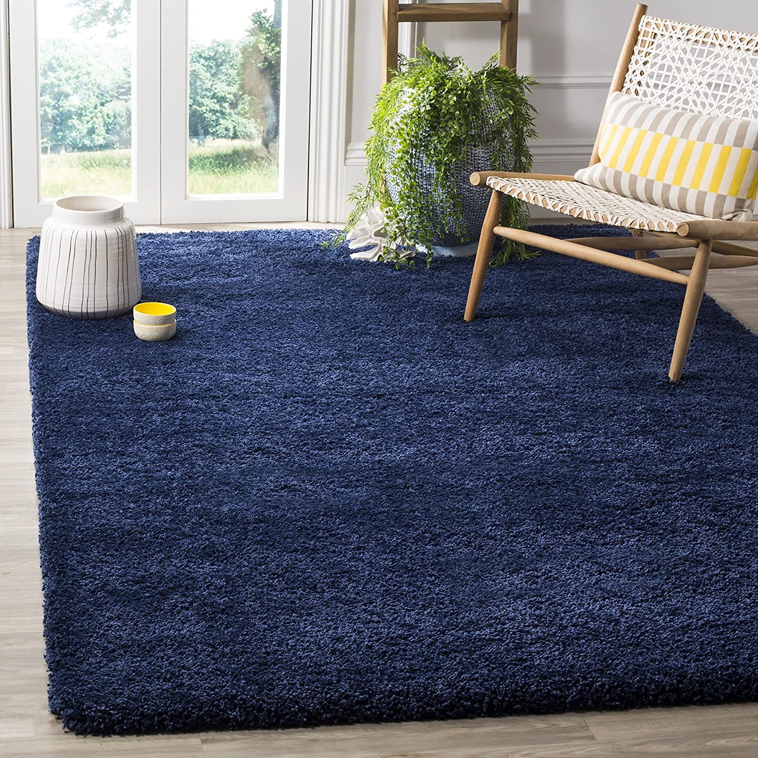 Carpetify Shaggy Carpet Plain Fur Rectangular Rugs For Bedroom Living Room 4X6 Feet Soft Microfiber 2 Inch Height Navy Blue Color