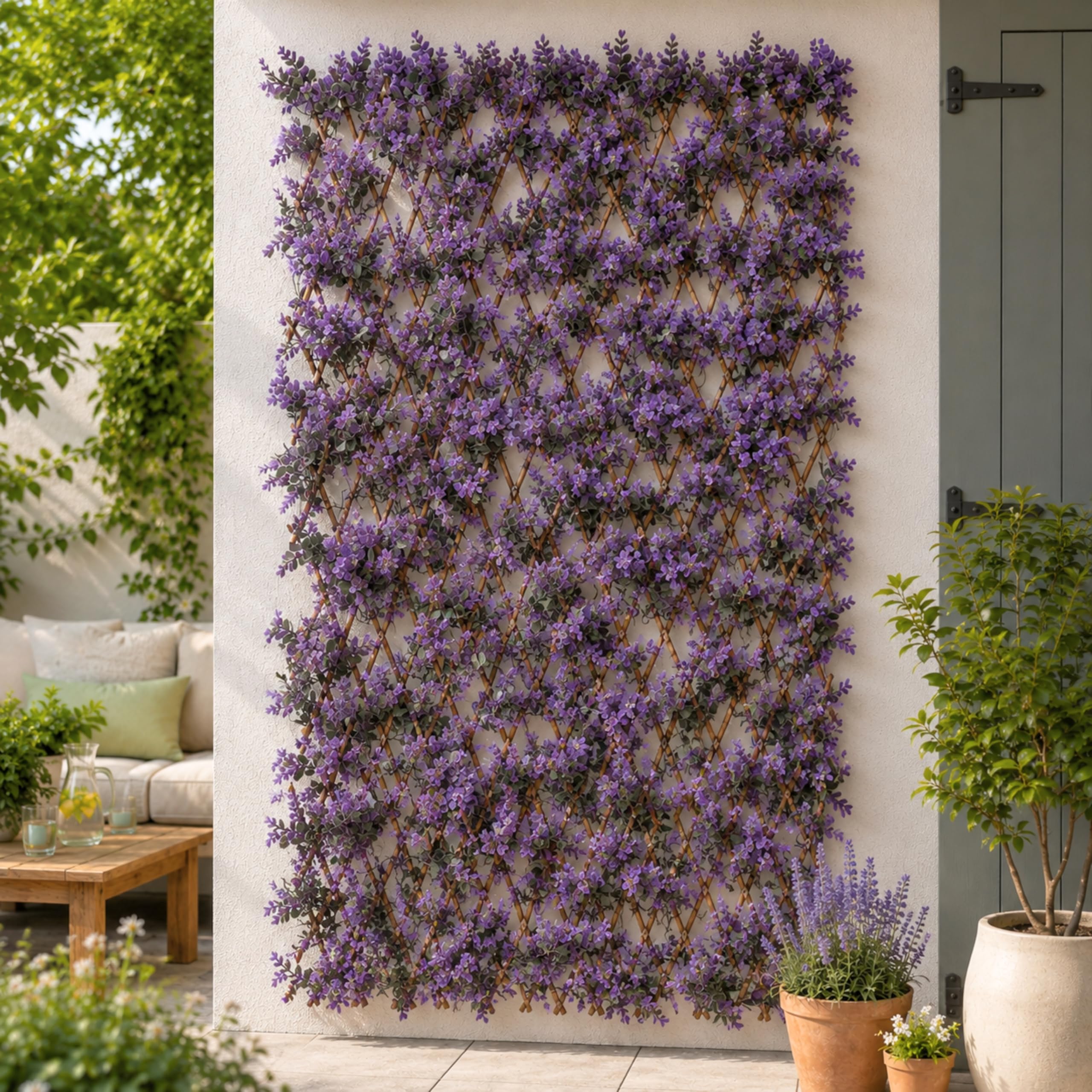 Garden Mile Expandable Violet Artificial Trellis Panel with Faux Flowers & Leaves on Willow Lattice Frame, Privacy Screen, Garden Fence Cover, Balcony Screening, Indoor Outdoor Wall Decor, 180 x 90cm