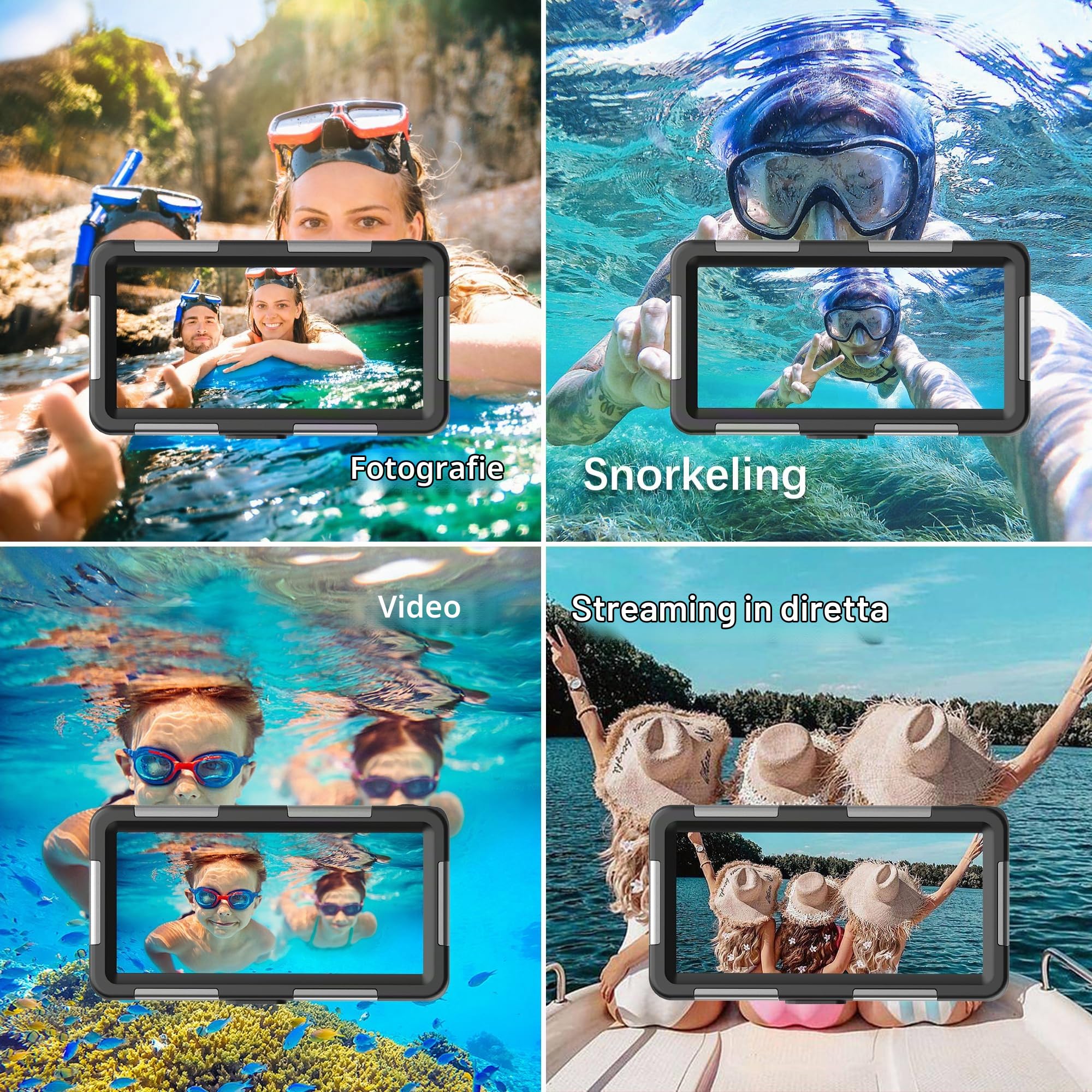 Custodia universale per snorkeling con cordino per immersioni, nuoto, fotografia subacquea, video, impermeabile IP68, per iPhone 15/14/13/12/11/Pro Max XR X Samsung Galaxy S23 S22 S21 nero-viola