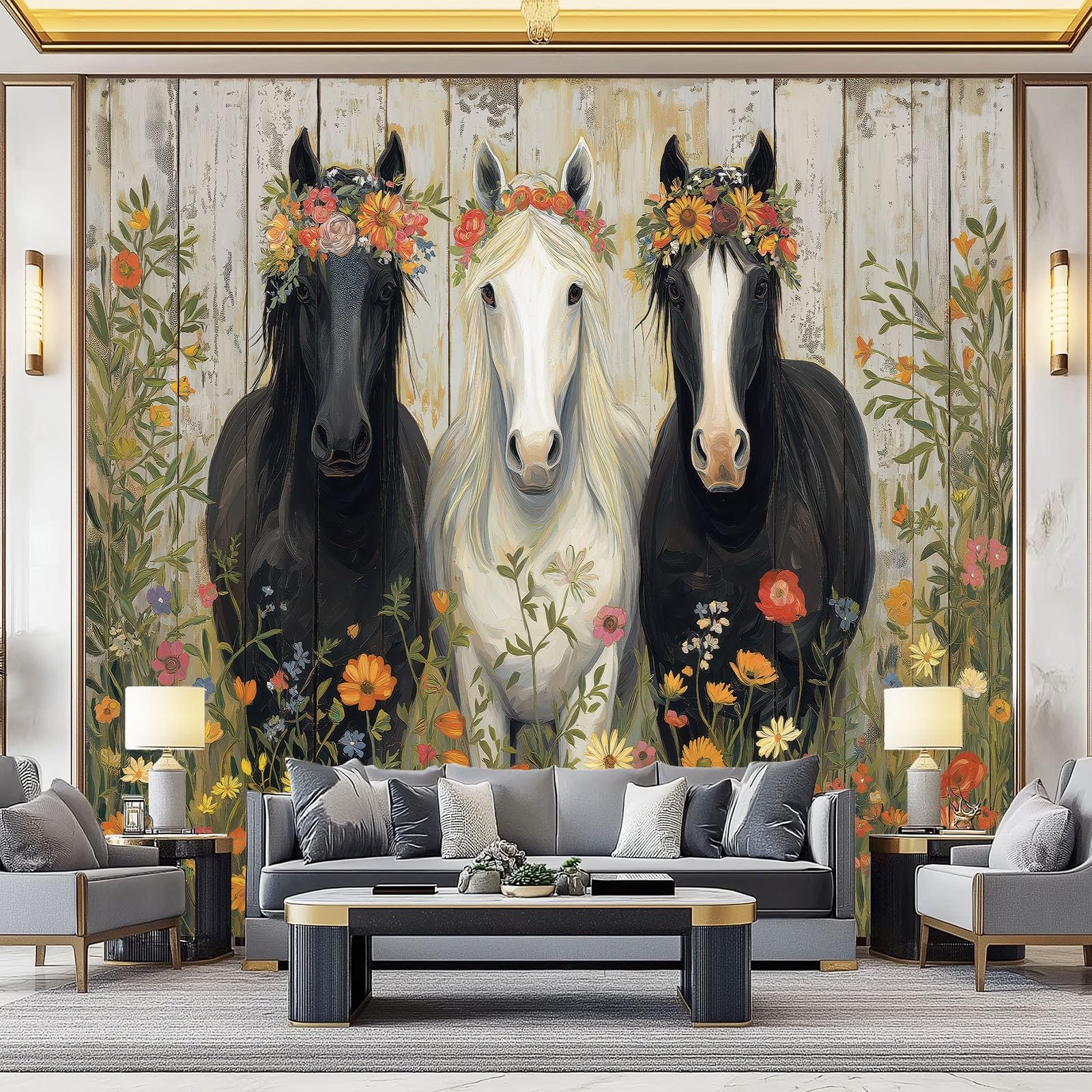 Papier peint panoramique 250 x 175 cm grand format rétro avec chevaux pour chambre