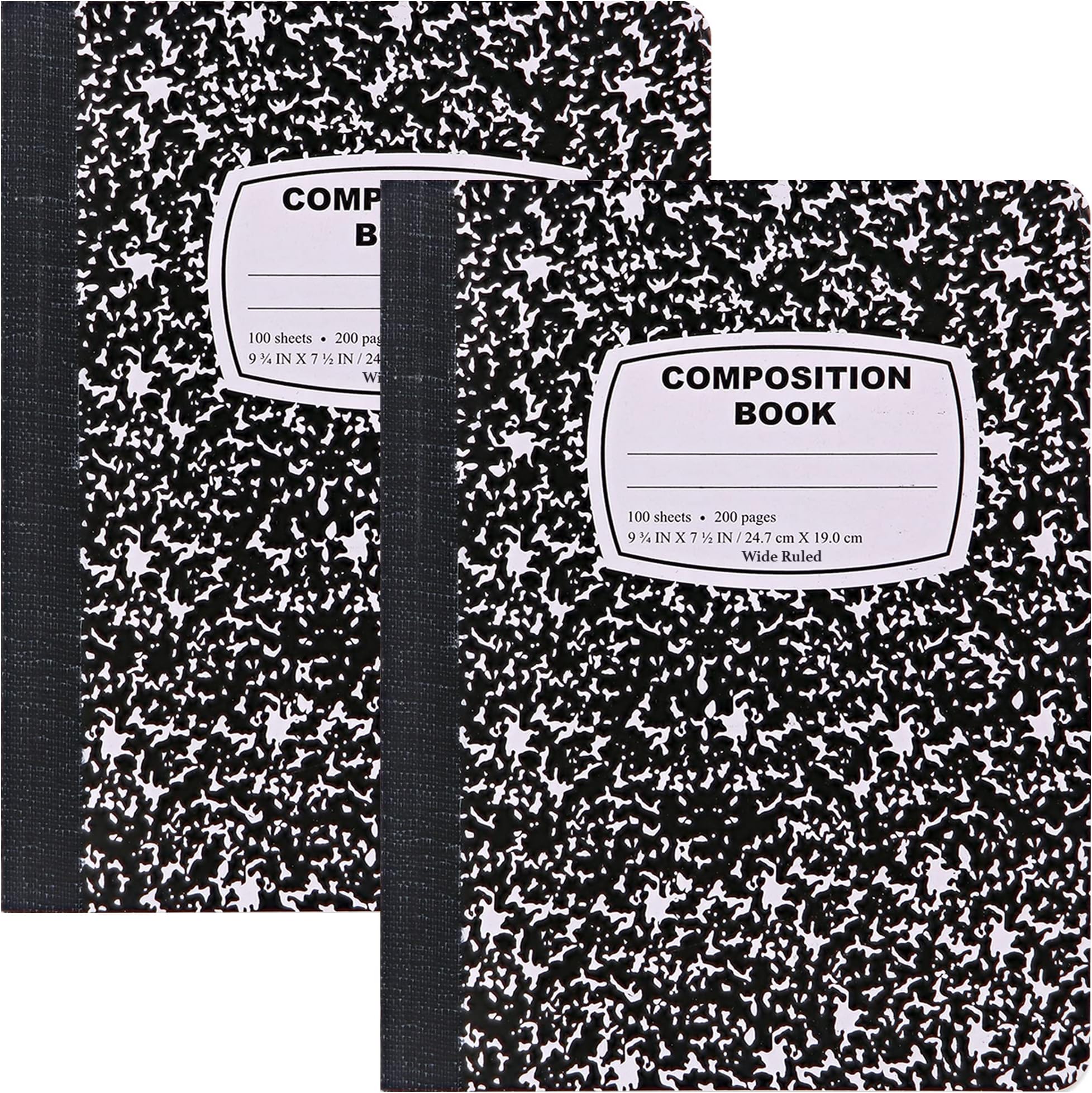 Emraw Black & White Marble Style Cover Composition Book with 100 Sheets of Wide Ruled White Paper (2 Pack)