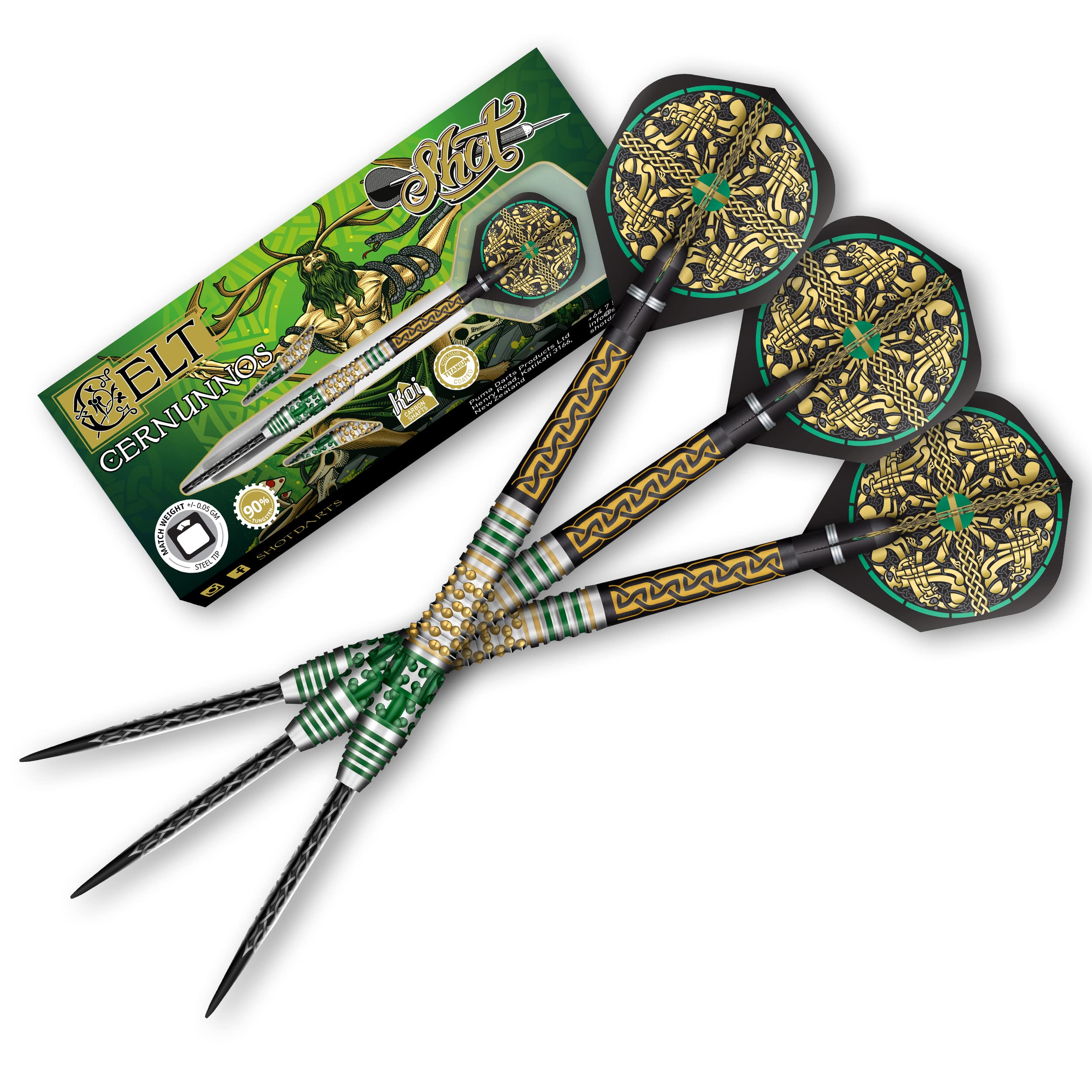 Shot! Darts Steel Tip, Celt Cernunnos (22g/23g/24g), 90% Tungsten Barrel, Front Weighted, Handcrafted Professional Dart Set & Flights Made in New Zealand, Metal Tip for Bristle Dartboard