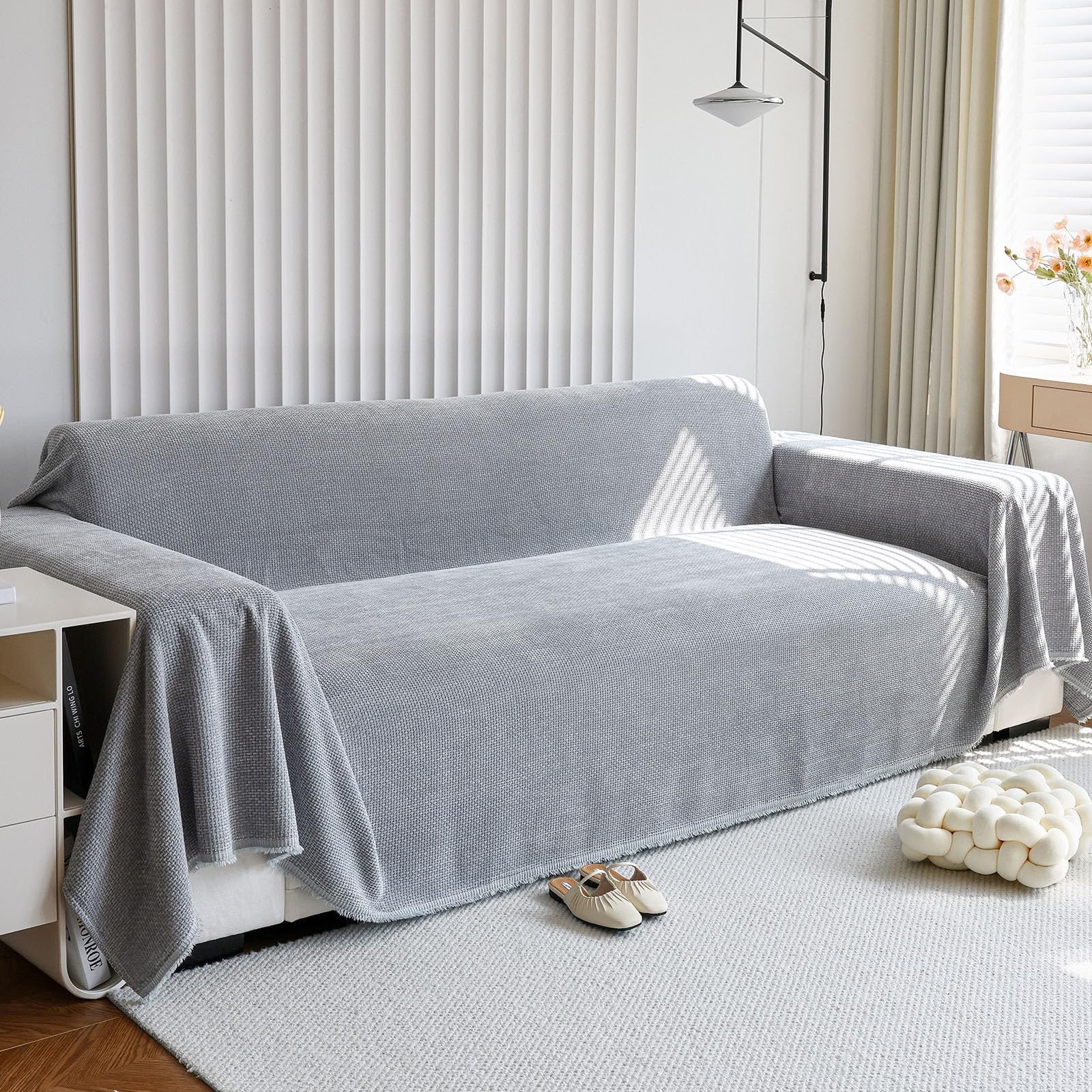 Funda Sofá Manta Tela Chenilla, Jacquard Color Sólido Funda Sofá Pañuelo Fundas Sofa Tipo Manta 1 2 3 4 Plazas Manta para Sofá Grande Esquinero/Forma de L (Gris Claro,180x150cm)