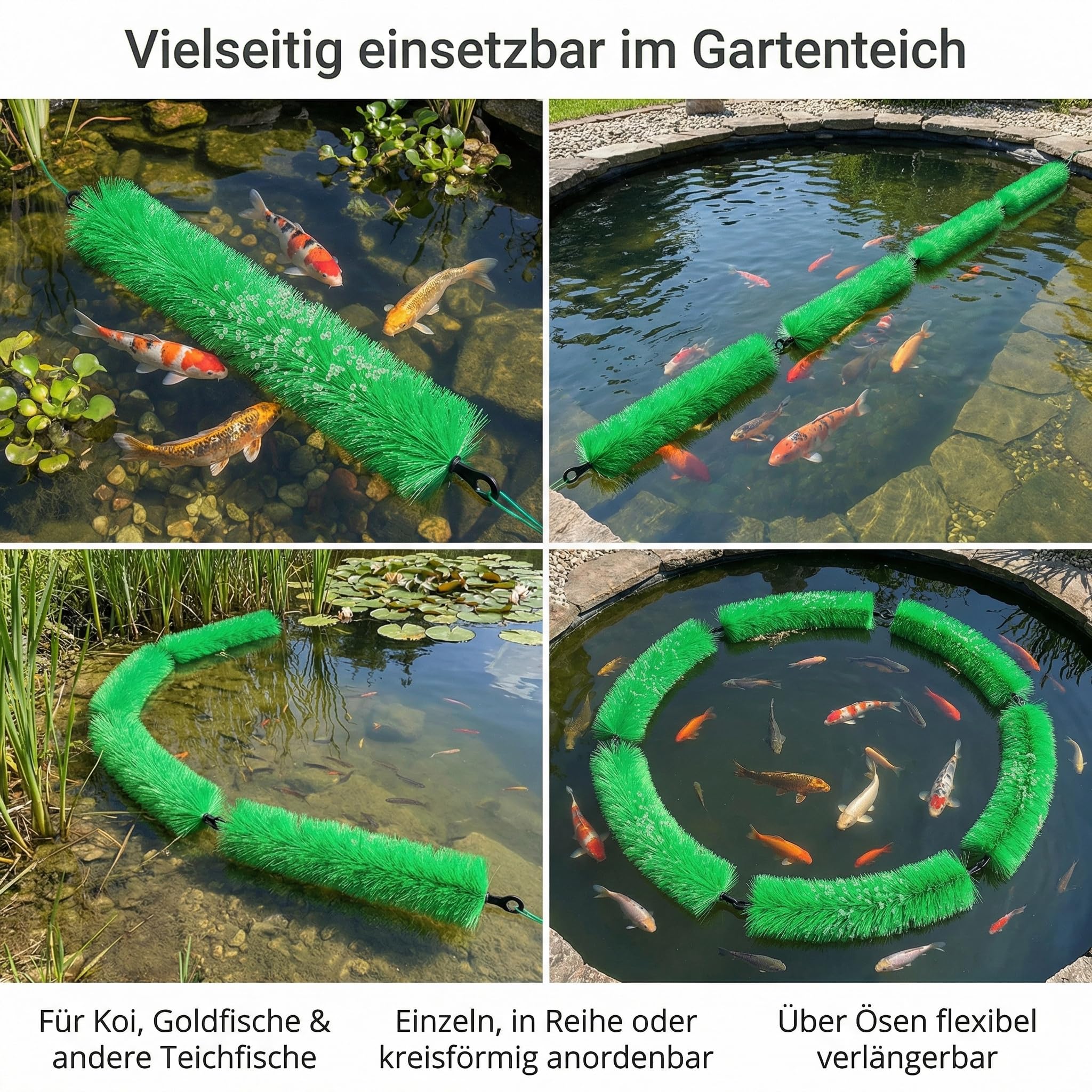 Pondlife Koi Laichbürste Ablaichhilfe, 2er-Set, je 130 cm, Ø 14 cm, weiche PP-Fasern, rostfreier Drahtkern, flexible Laichhilfe für Teichfische im Gartenteich, mit Ösen erweiterbar