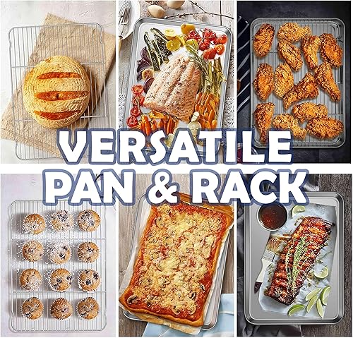 Miniatura 7 de Joyfair Bandeja para hornear grande de 17.5 pulgadas con estante, bandeja para hornear de acero inoxidable de tamaño medio con rejilla de