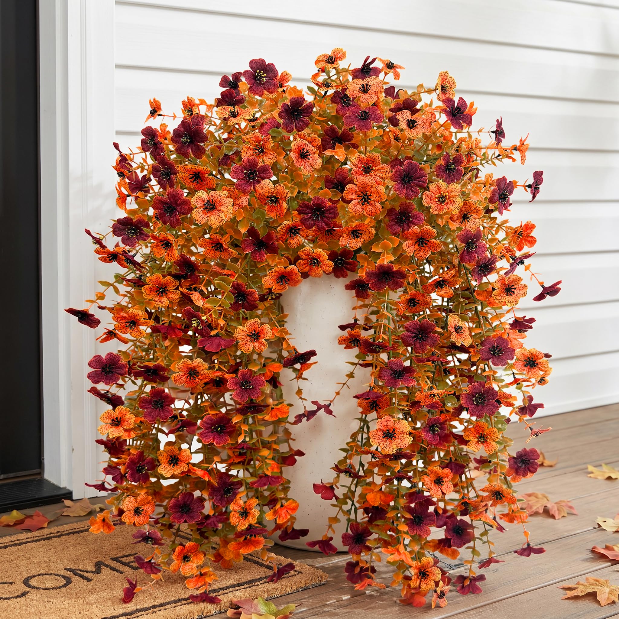 Bassion Artificial Mums for Outdoor, 2 Pcs Fake Fall Hanging Flowers, Mixed