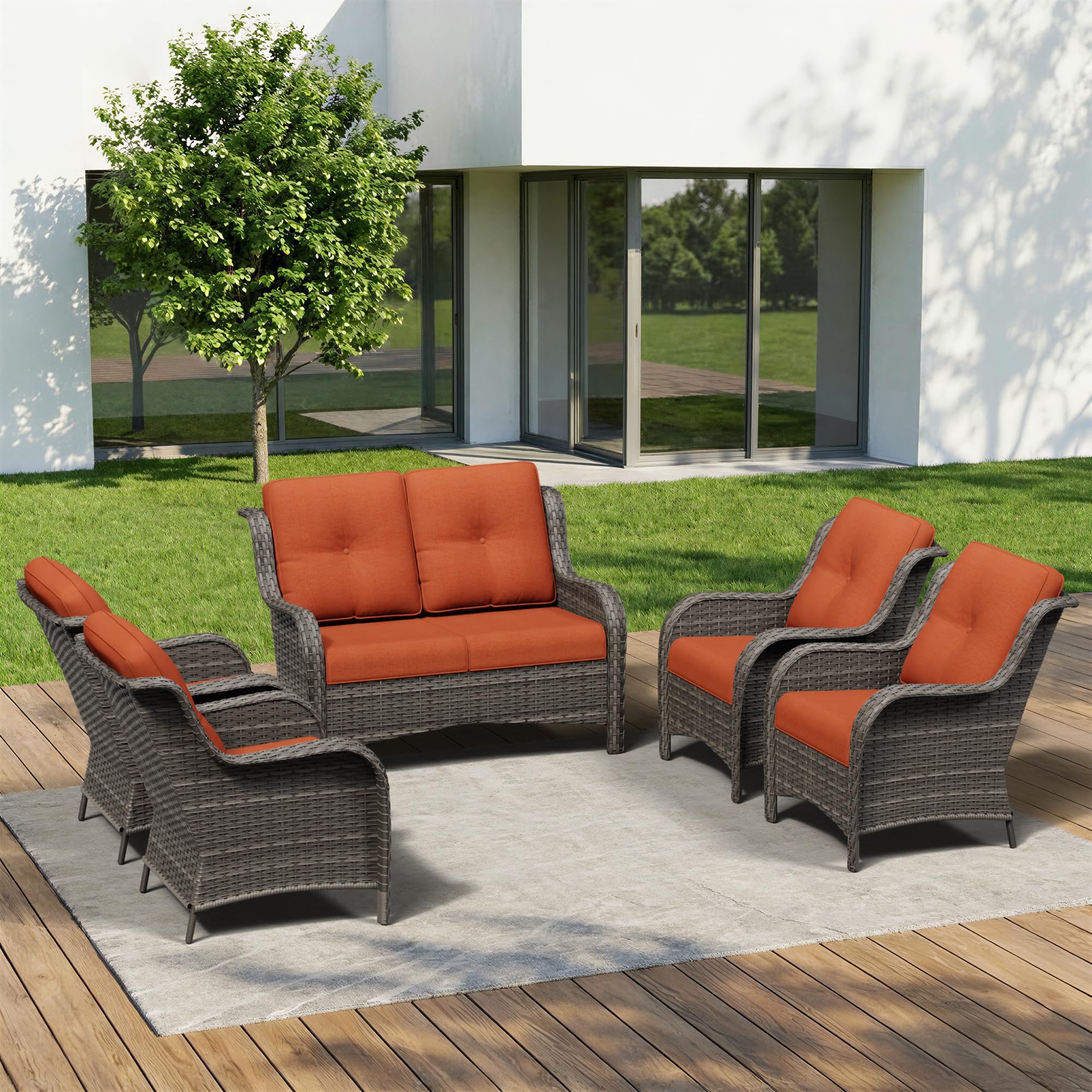 5 Piece Outdoor Wicker Patio Furniture Set, Patio Chairs Set with Thickened Olefin Cushions, High Back and Deep Seating, Hand-Woven PE Rattan for Porch, Deck