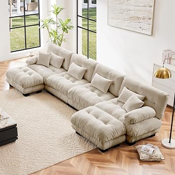 U Shaped Cloud Sectional Couch, 173.2" Comfy Modular Sectional Sofa with 2 Ottoman, Modern 6 Seater Chenille Deep Seat Cloud Sofa, Oversized Upholstered Sofas Couches for Living Room, Light Coffee