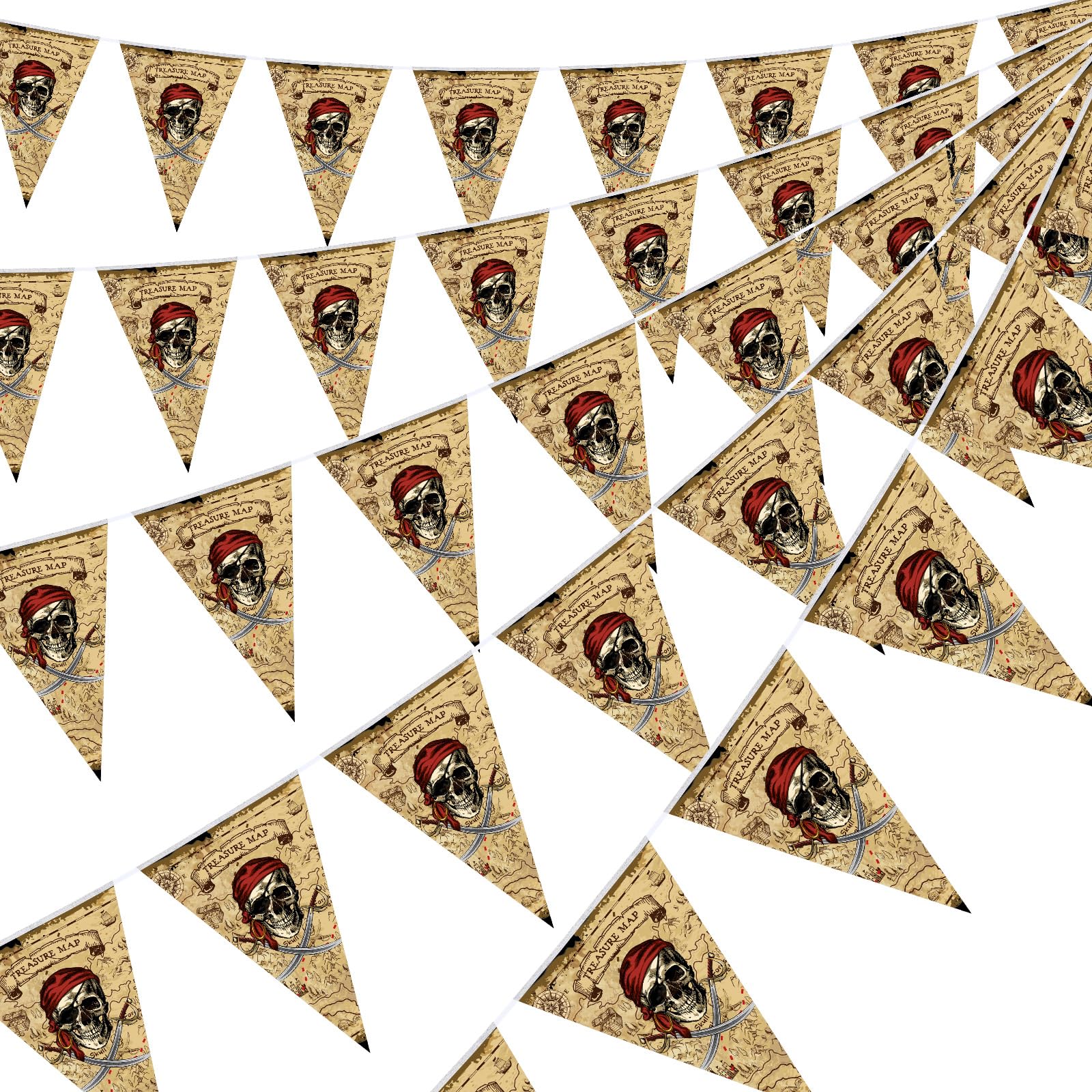 Clabby 60 Pcs 49 Feet Pirate Pennant Banner String Flags Pirate Party Decorations Treasure Map Triangle Banner Skull Pennant for Indoor and Outdoor Halloween Birthday Party Decor Supplies