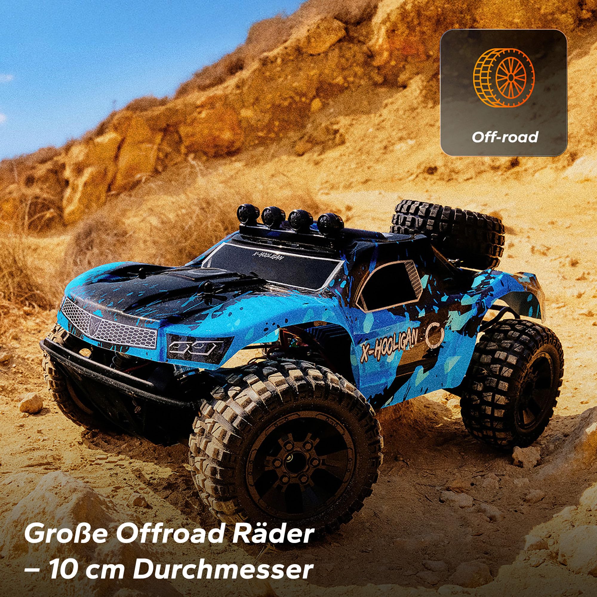 Overmax Hooligan RC Auto 1:10, 35 km/h 4WD, 100 m Reichweite, 2×1800 mAh Akku/40 Min, IPX5, 10 cm Reifen, LED, Metallantrieb | Akku/40 Min, IPX5, 10 cm Reifen, LED, Metallantrieb