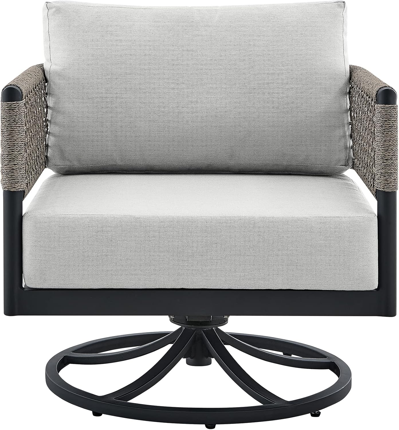 Armen Living Felicia Outdoor Patio Swivel Rocking Chair in Black Aluminum and Grey Rope with Cushions