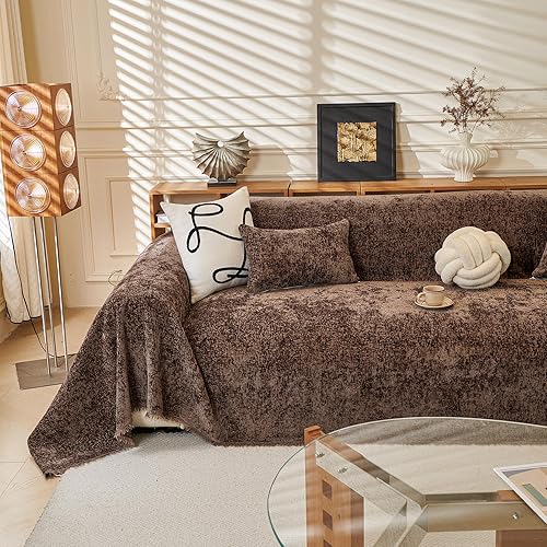 ROOMLIFE Funda de sofá con borlas de felpilla marrón, manta para sofá seccional, fundas de sofá suaves para sofá biplaza en forma de L para sofá