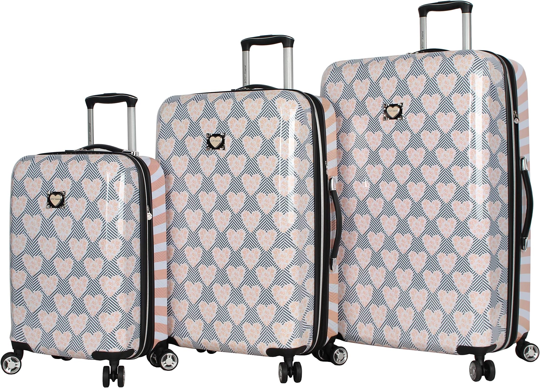 Designer Luggage Collection - Expandable 3 Piece Hardside Lightweight Spinner Suitcase Set - Travel Set includes 20-Inch Carry On, 26 inch and 30-Inch Checked Suitcase (Chevron Hearts)