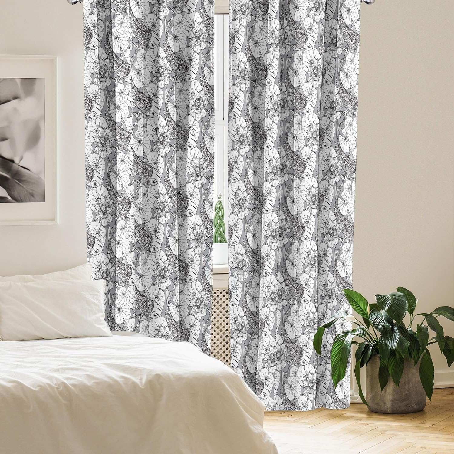 Ambesonne East Window Curtains, Sketch Style Lotus and Carp Koi Fish Japanese of Friendship Monochrome, Lightweight Decor 2-Panel Set with Rod Pocket, Pair of - 28" x 95", Charcoal White