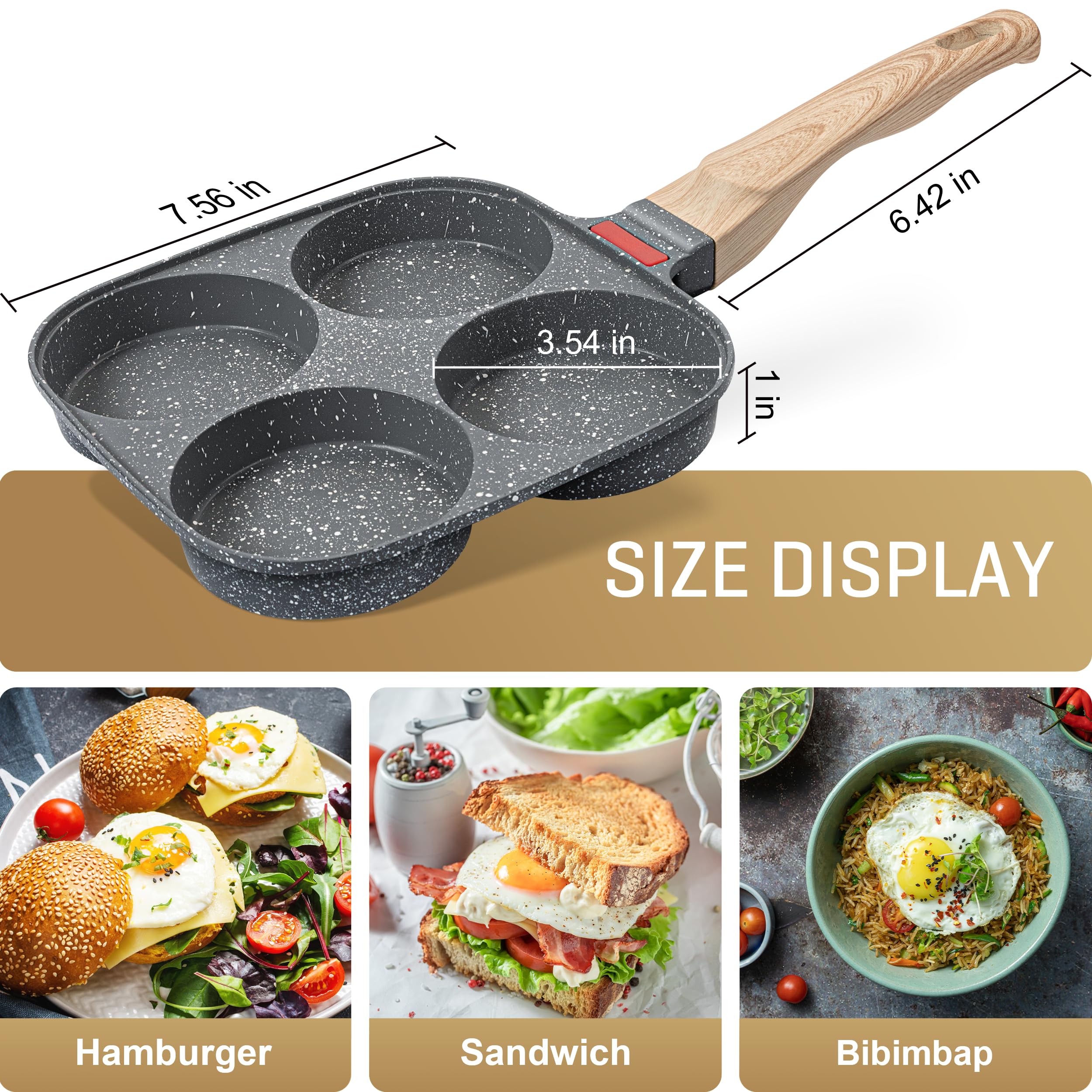 Sartén para huevos de 4 tazas con tapa, olla antiadherente de aleación de aluminio para desayuno, panqueques, hamburguesas, sándwiches, adecuada para estufa de gas y utensilios de cocina de 7