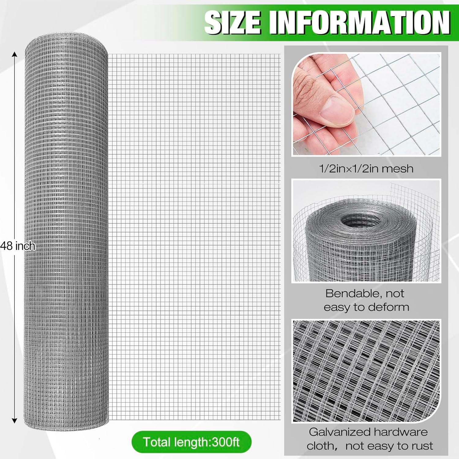 Tatuo Hardware Cloth 1/2 Inch 48 in x 300 ft Hot Dip Galvanized After Welded Cage Mesh Rolls 21 Gauge Metal Chicken Wire Roll Wire Fencing Poultry Netting for Raised Garden Rodent Animals(Silver)