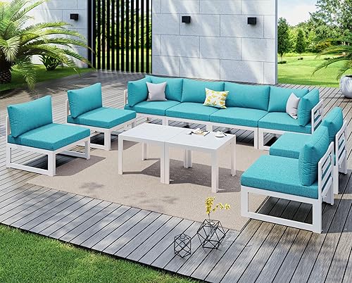 Miniatura 521 de NICESOUL 7 Piece White Powder-Coated Aluminum Patio Furniture with Fire Pit Table, 29 Inch Extra Wide Outdoor Sectional Sofa for 6, High-End Heavy
