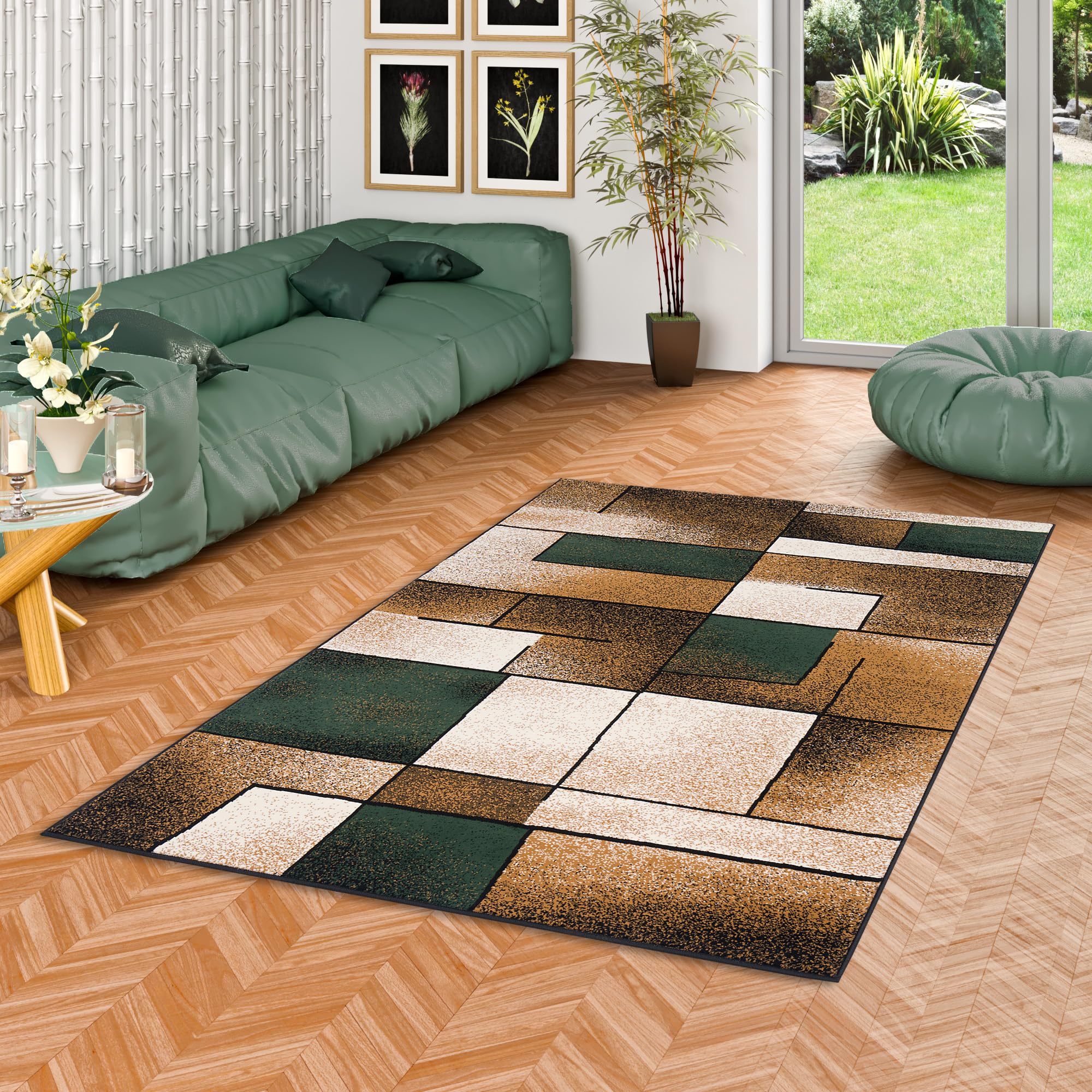 Tapis à poils courts design brillant beige et vert Pergamon pour réveiller la déco du salon