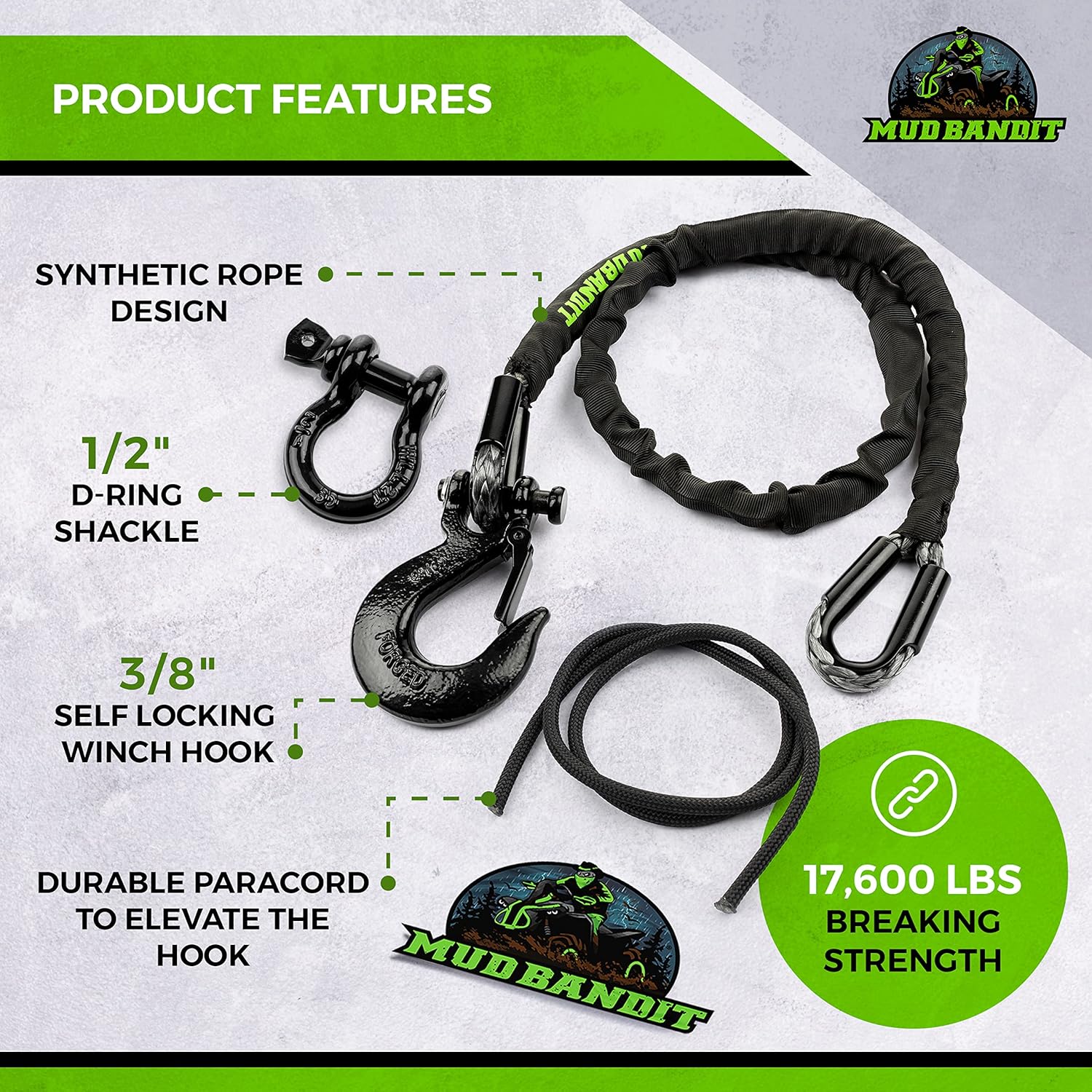 2ft ATV Recovery Strap with Winch Hook and D Ring Shackle, Tow Rope for Four Wheeler, Quad, 17,600lb Synthetic Rope with Loops, Premium Mudding Accessories