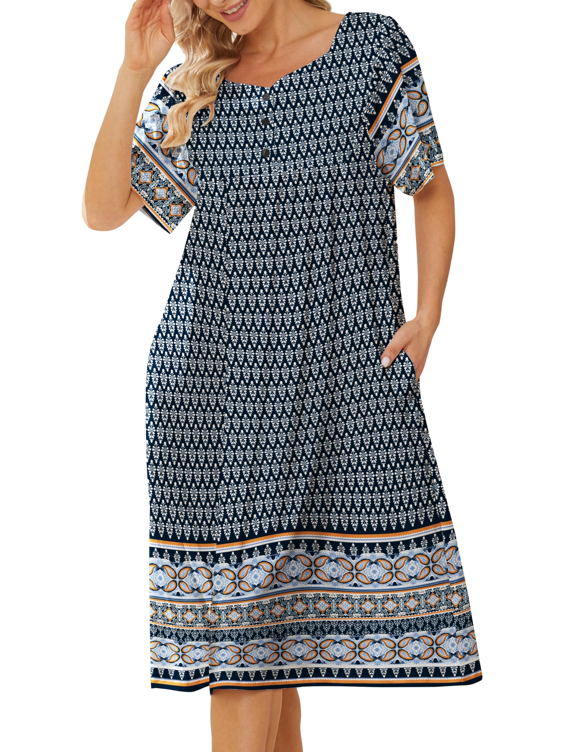 VTUOFC House Dresses for Women with Pockets Mumu Dresses Short Sleeve Moo Moos for Women Nightgown Duster Lounge Dress S-3XL