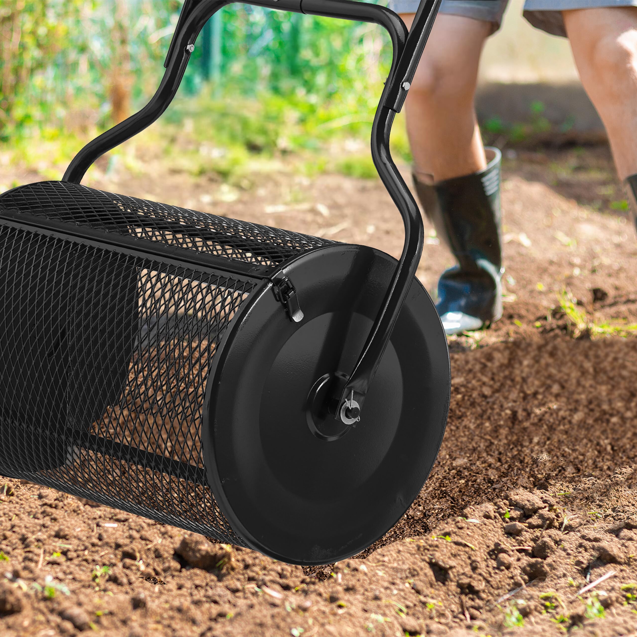Relaxdays Esparcidor de Abono para Césped, Cesta de Rejilla 80 L, Dispensador Compost con Asa, 118 x 68 x 40 cm, Negro, Acero, Gomaespuma