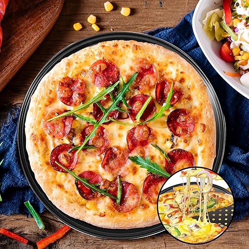 Miniatura 7 de mobzio Sartén de acero para hornear pizza para horno, sartén para pizza con agujeros, juego de sartenes redondas para pizza de 12 pulgadas, bandeja