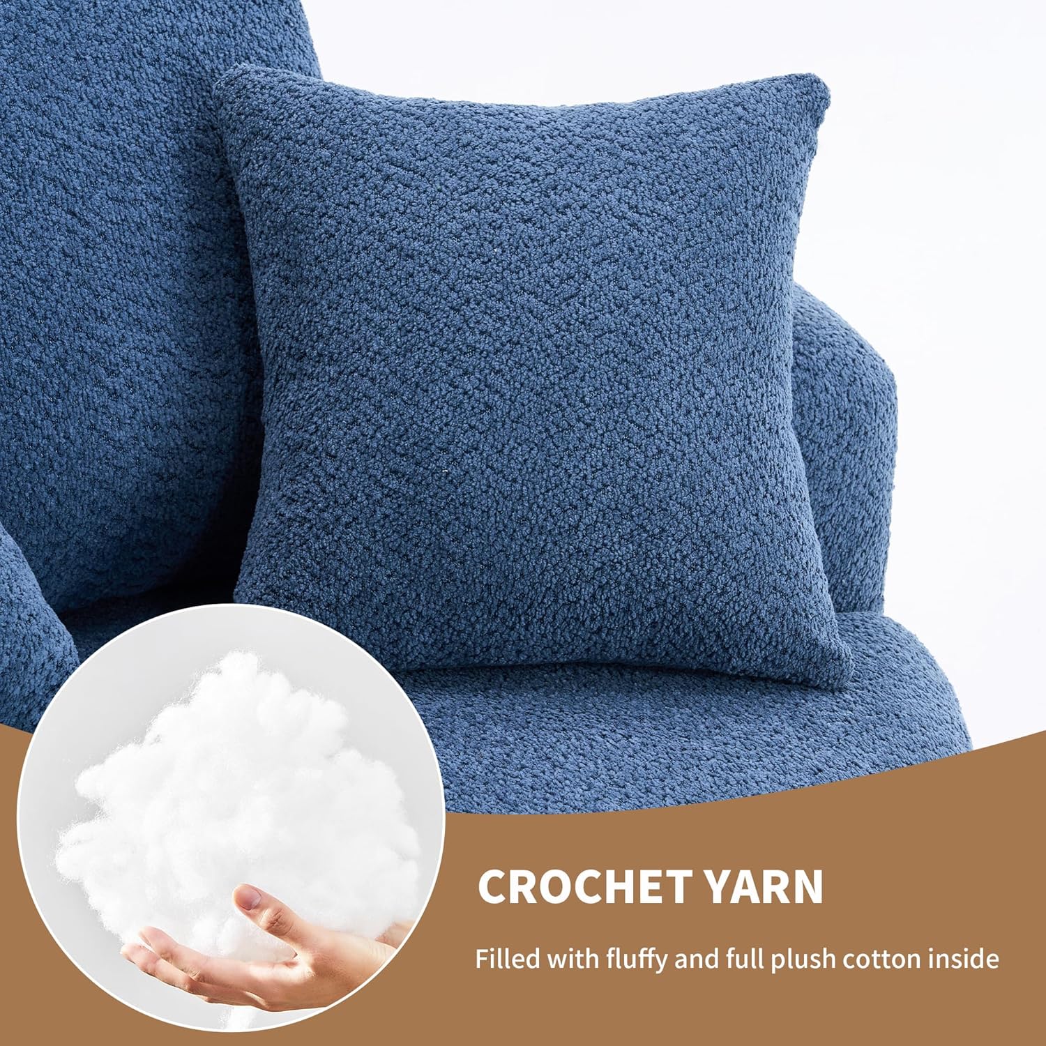 38.58 Inch Single Seat Swivel Sofa Chair,Classical Barrel Shaped Couch,Crochet Yarn Fabric Couches with 3 Pillows,Modern Compressed Sofas for Home Living Room Office Hotel Apartment