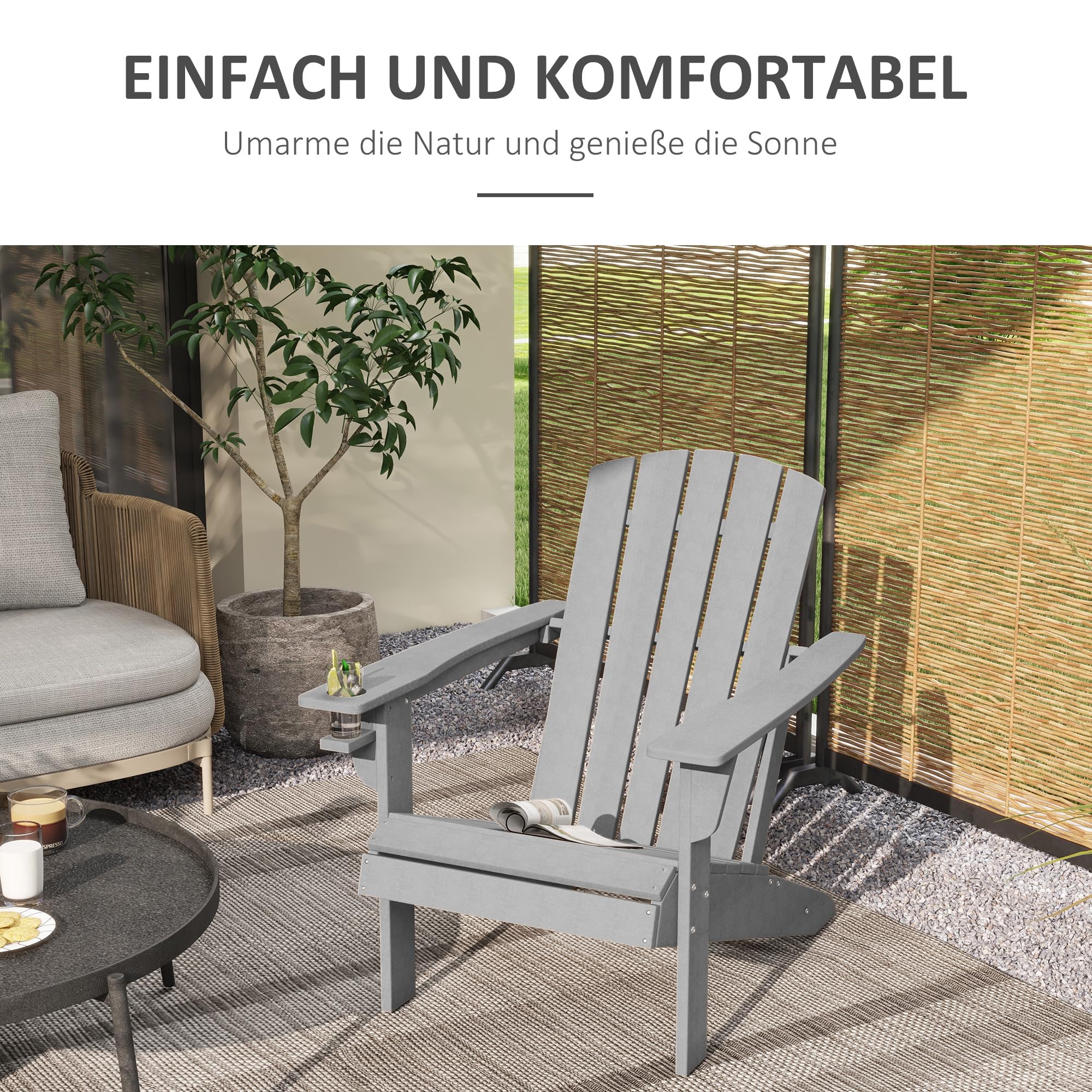 Outsunny Gartenstuhl mit Getränkehalter, Terrassenstuhl, Gartensessel, Gartenmöbel, Balkonstuhl, Adirondack, Grau, HDPE, 75 x 87 x 90 cm