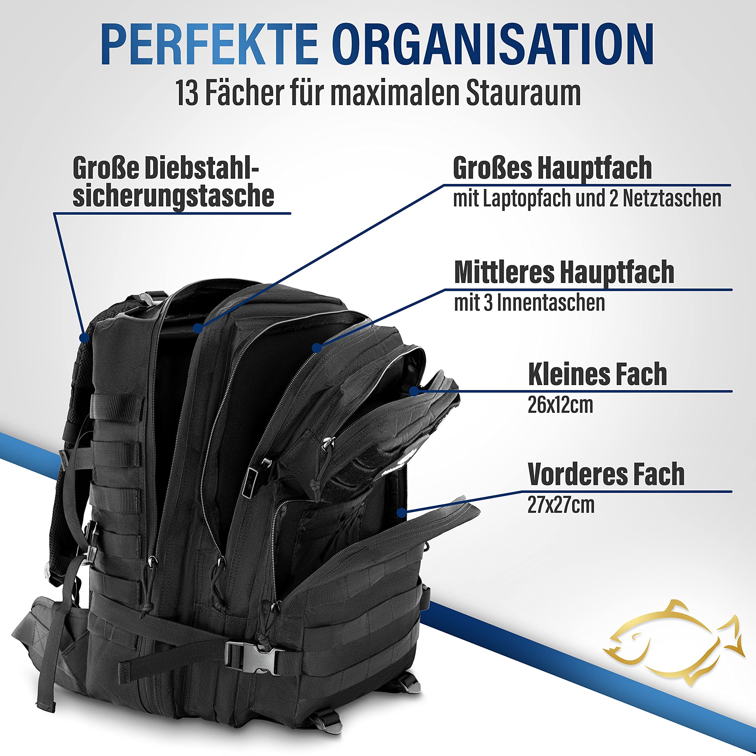 PIRANHA Outdoor Rucksack 45L – Robuster Wanderrucksack für Trekking, Camping & Bushcraft – Wasserabweisender Backpack mit vielen Fächern