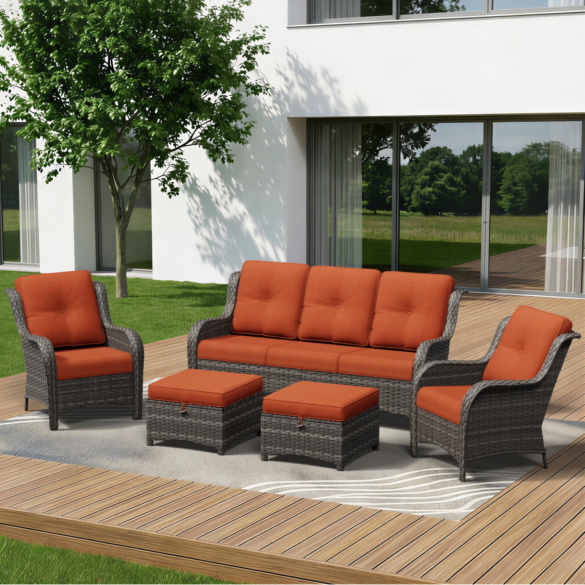 5 Piece Outdoor Wicker Patio Furniture Set, Patio Chairs Set with Thickened Olefin Cushions, High Back and Deep Seating, Hand-Woven PE Rattan, Ottoman for Porch, Deck
