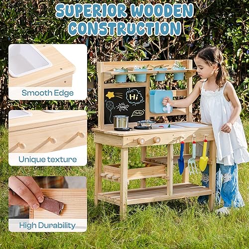 Miniatura 6 de ROBUD WG429 - Cocina de barro para niños al aire libre, cocina de madera al aire libre, cocina de barro para niños con fregadero y grifo extraíbles,
