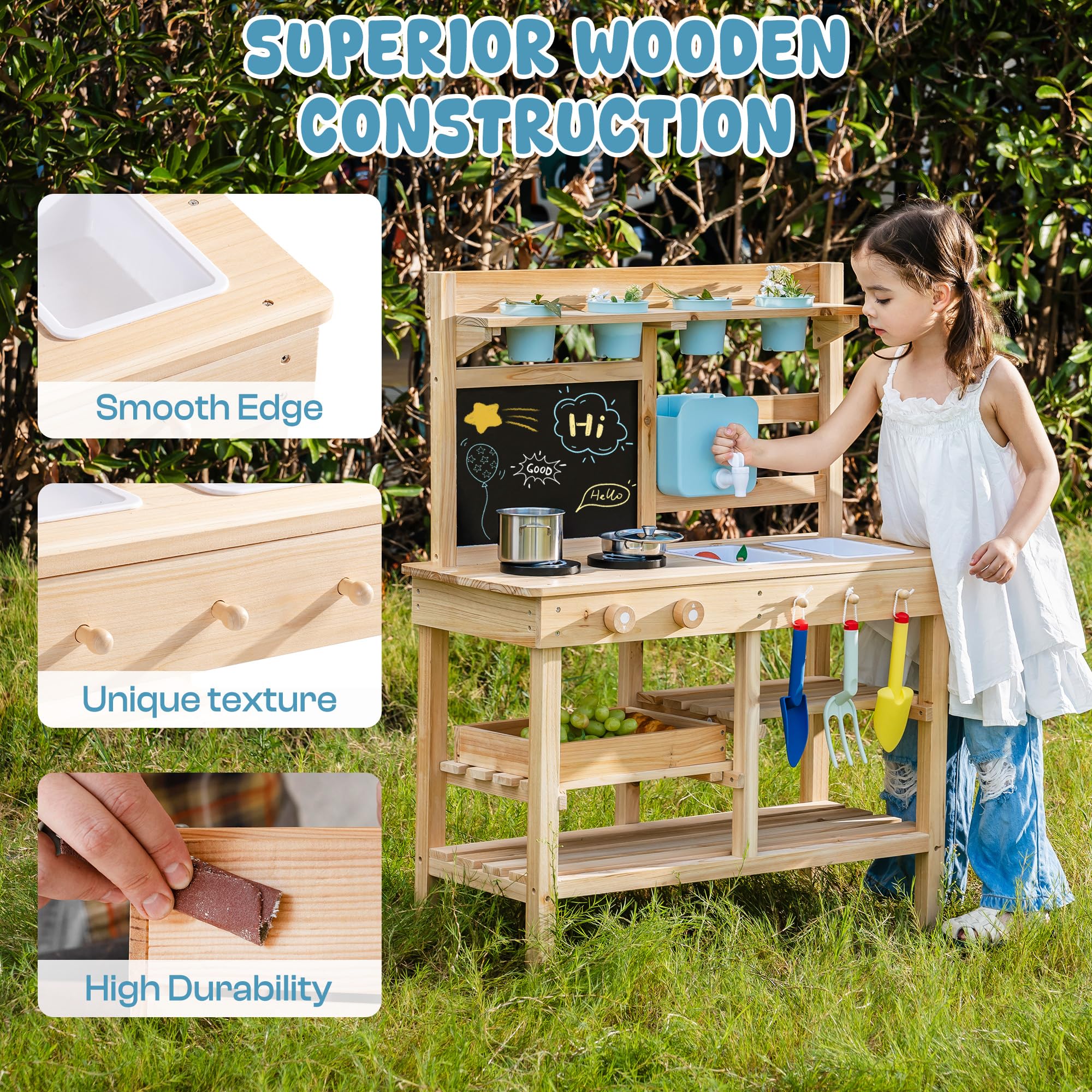 ROBUD Cucina in legno per bambini piccoli, cucina giochi per esterni con lavello, fornello, vasi, lavagna, vano portaoggetti e accessori da cucina, giocattolo per ragazzi e ragazze dai 3 anni in su