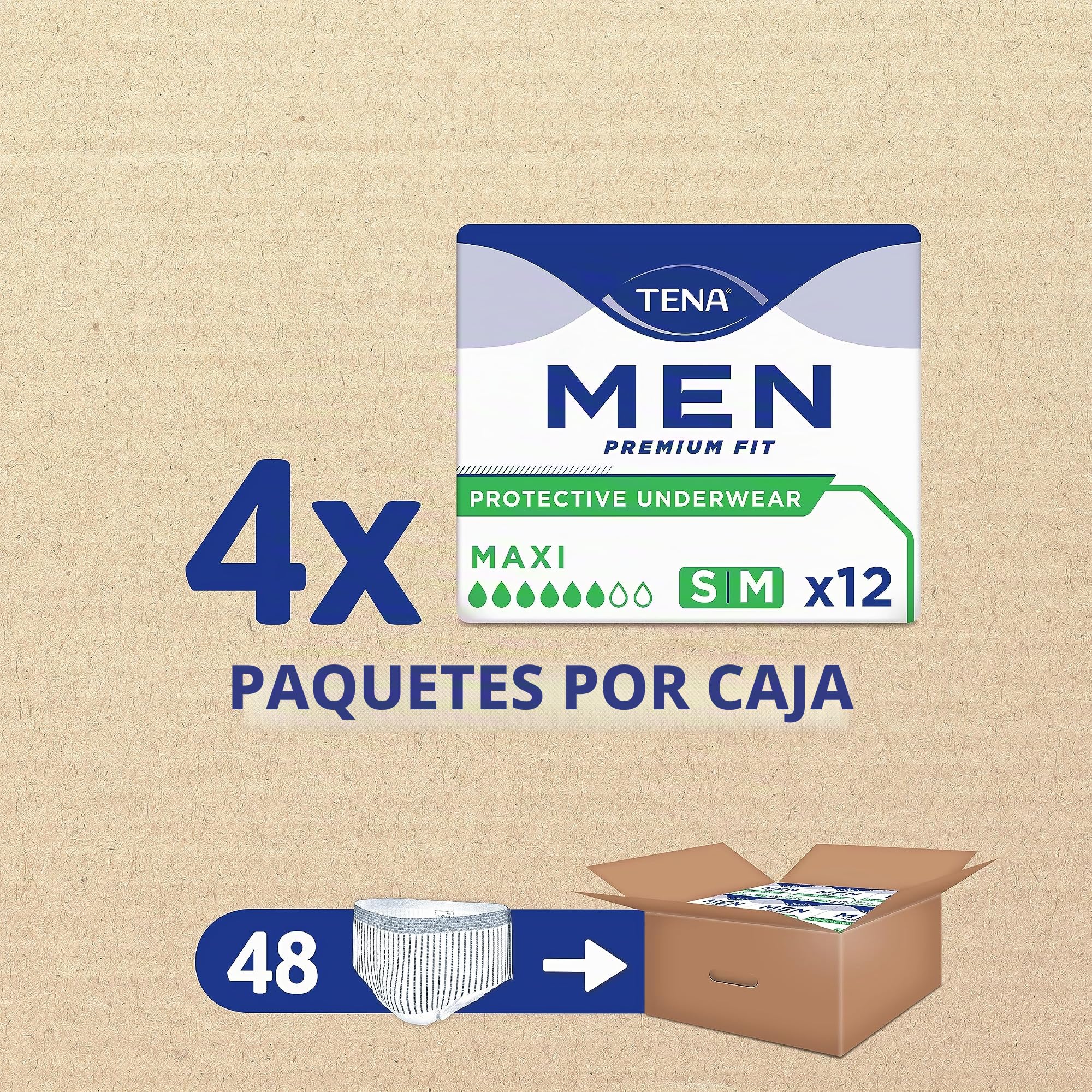 Tena Ropa interior hombre para perdidas de orina / incontinencia, M, 4 paquetes x 12